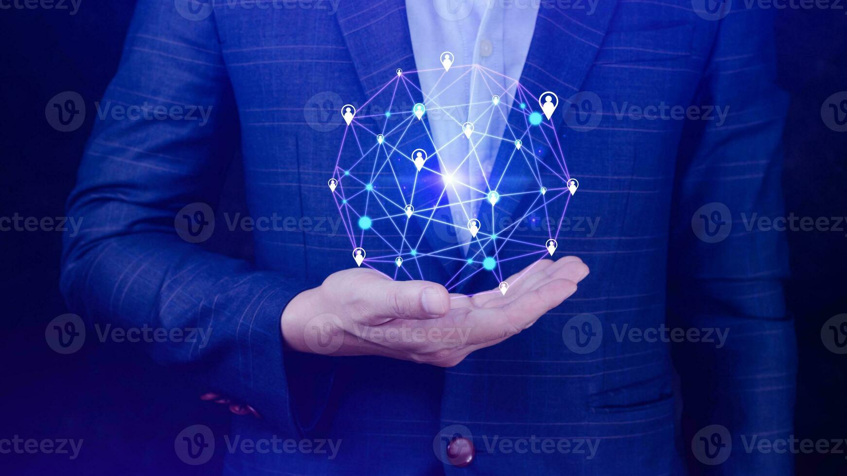 Businessman hand touching global infrastructure network on virtual screen working with client base online and customer connection data exchange. photo