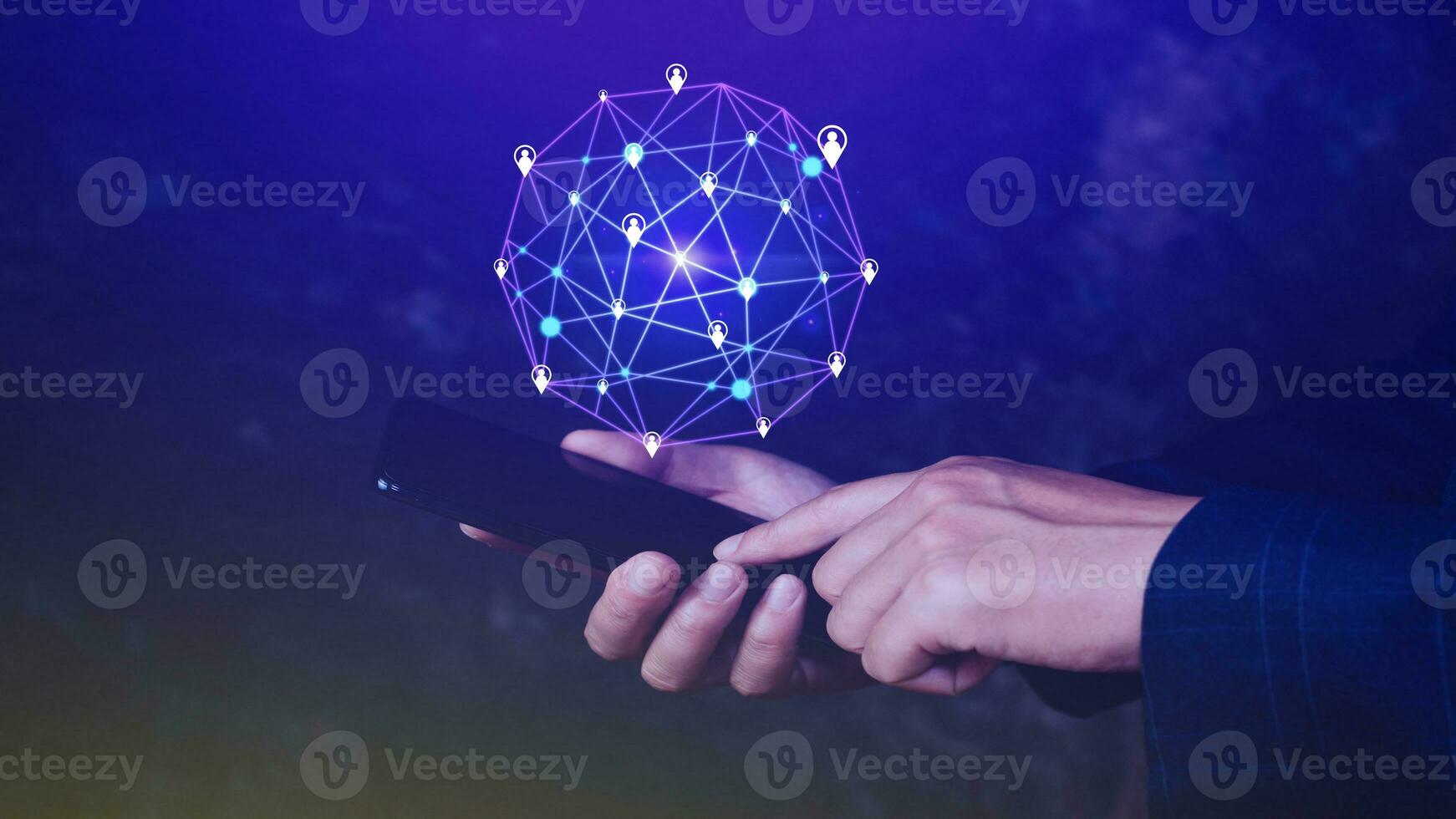 Businessman hand touching global infrastructure network smartphone on virtual screen working with client base online and customer connection data exchange. photo