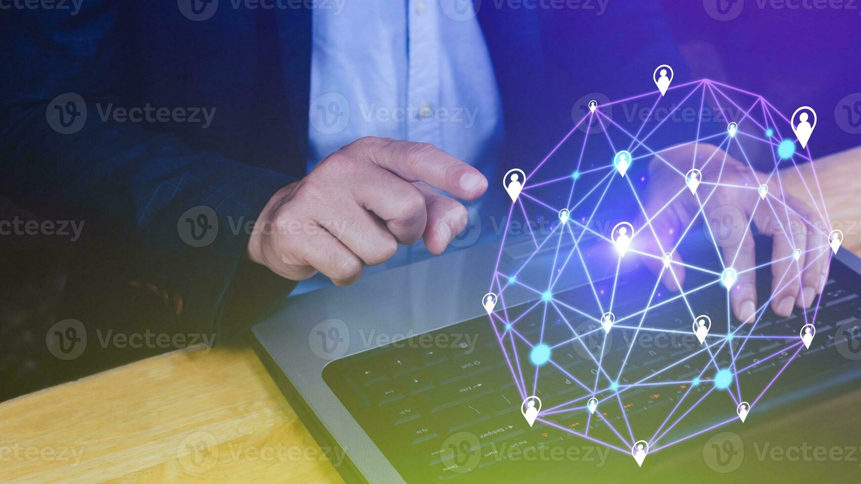 Businessman hand touching global infrastructure network on virtual screen working with client base online and customer connection data exchange. photo