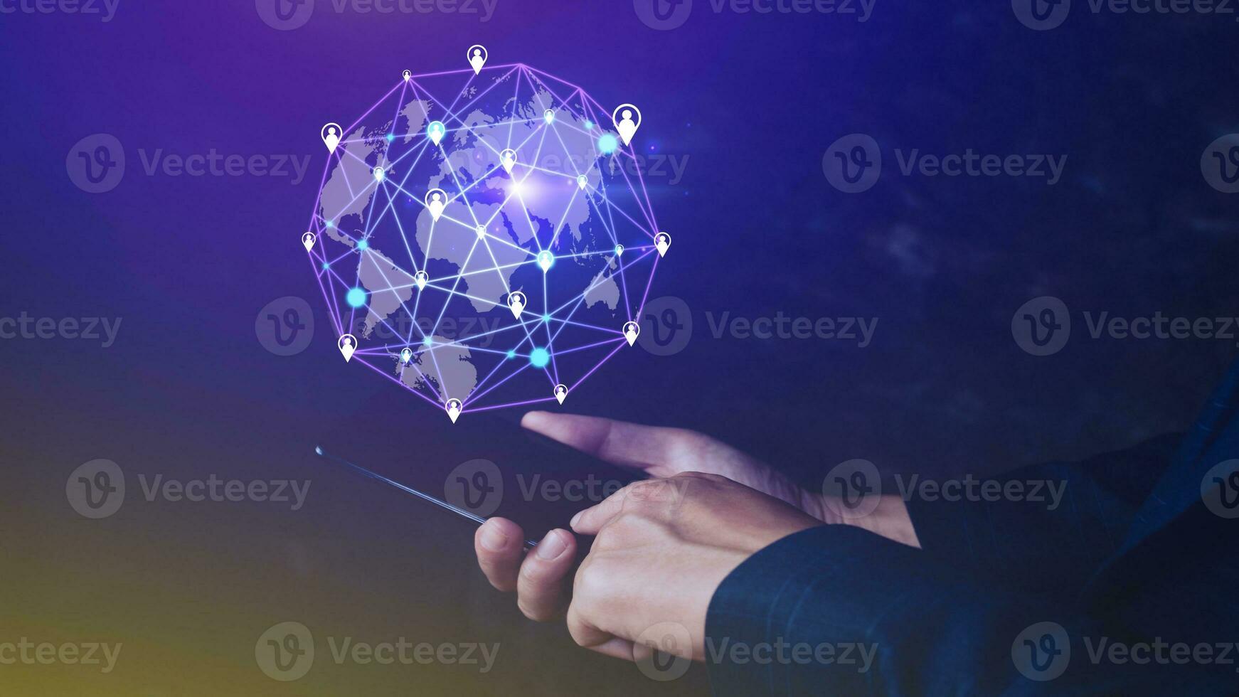 Businessman hand touching global infrastructure network smartphone on virtual screen working with client base online and customer connection data exchange. photo