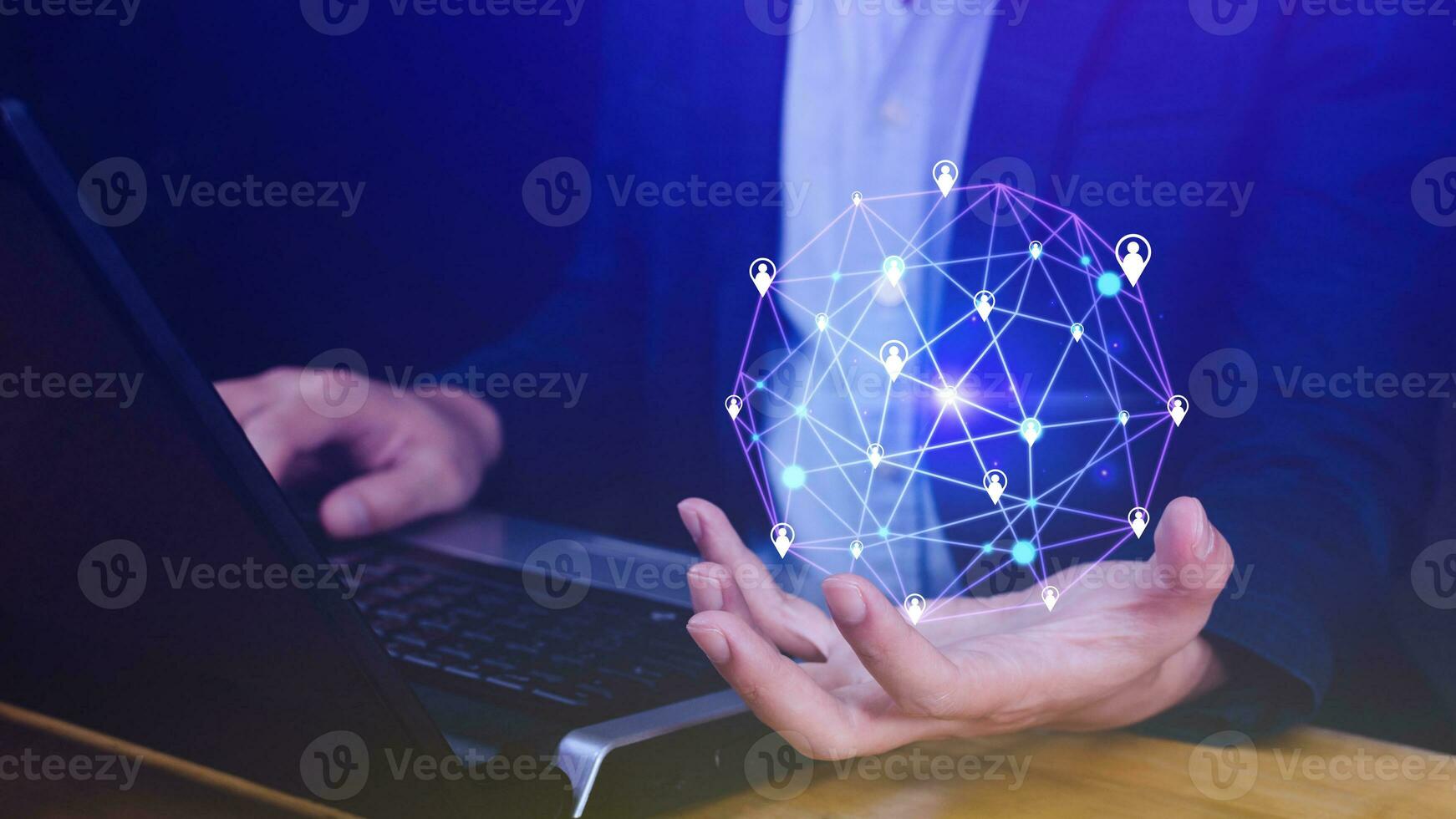 Businessman hand touching global infrastructure network on virtual screen working with client base online and customer connection data exchange. photo