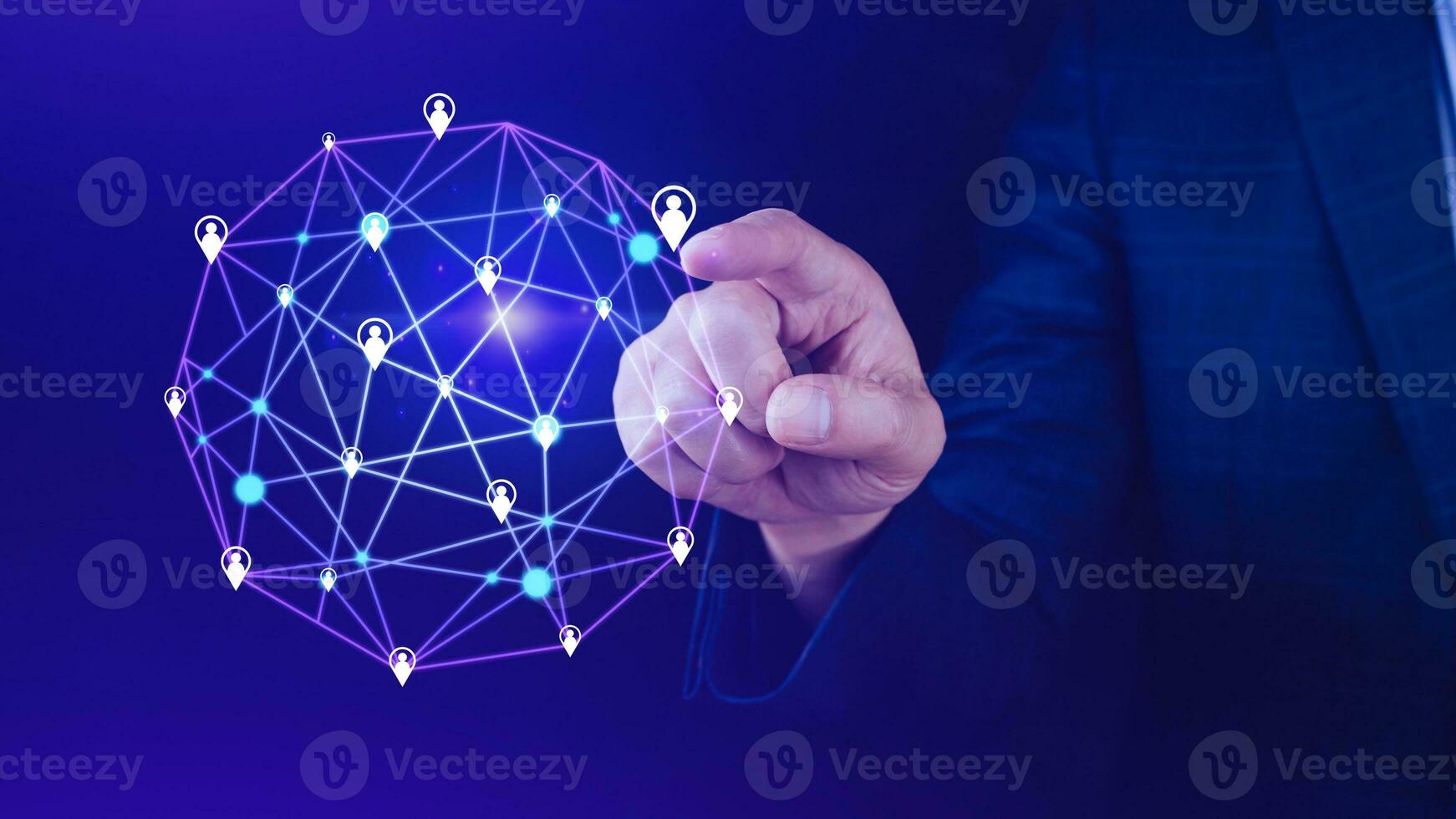 Businessman hand touching global infrastructure network on virtual screen working with client base online and customer connection data exchange. photo
