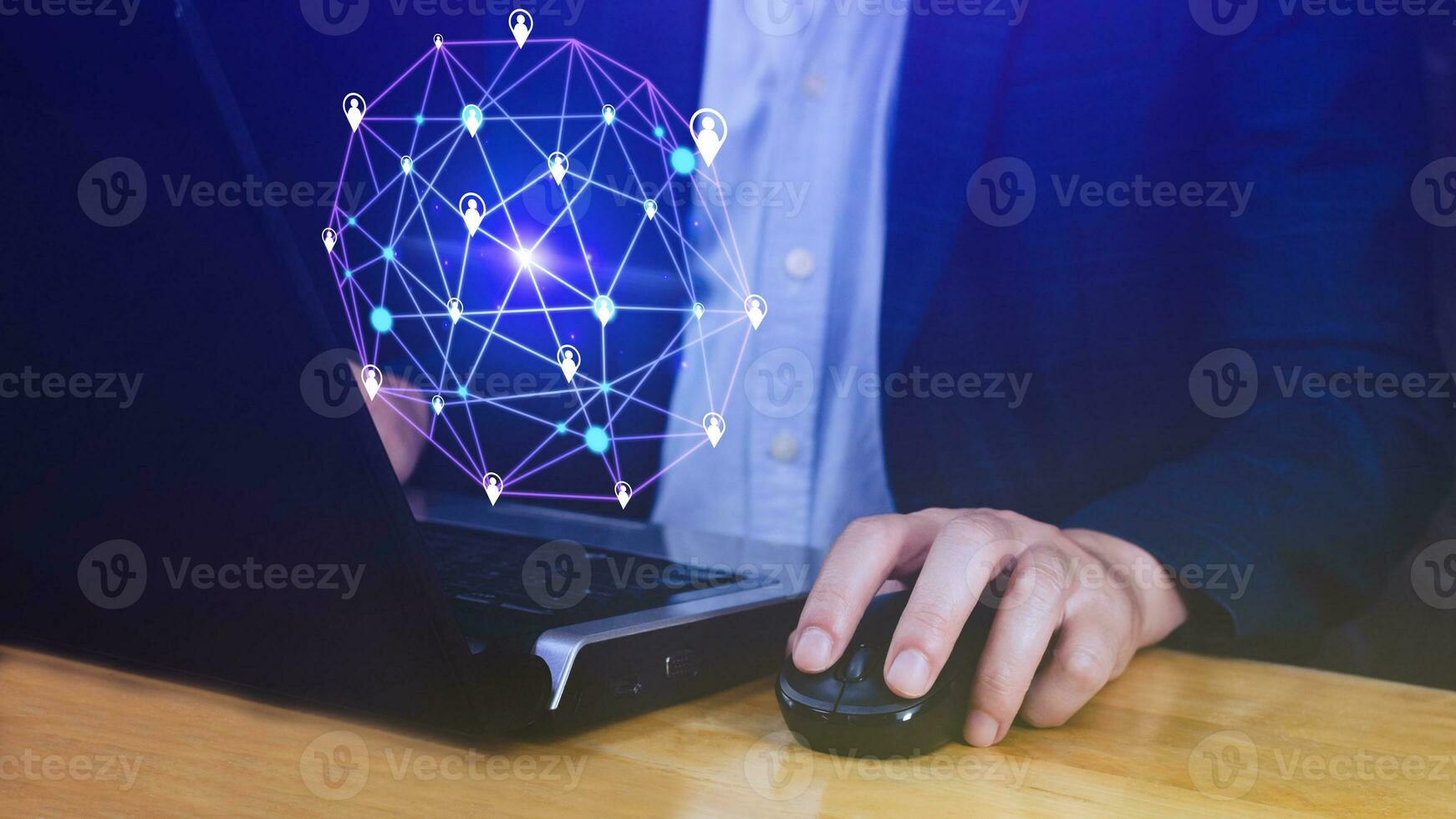 Businessman hand touching global infrastructure network on virtual screen working with client base online and customer connection data exchange. photo