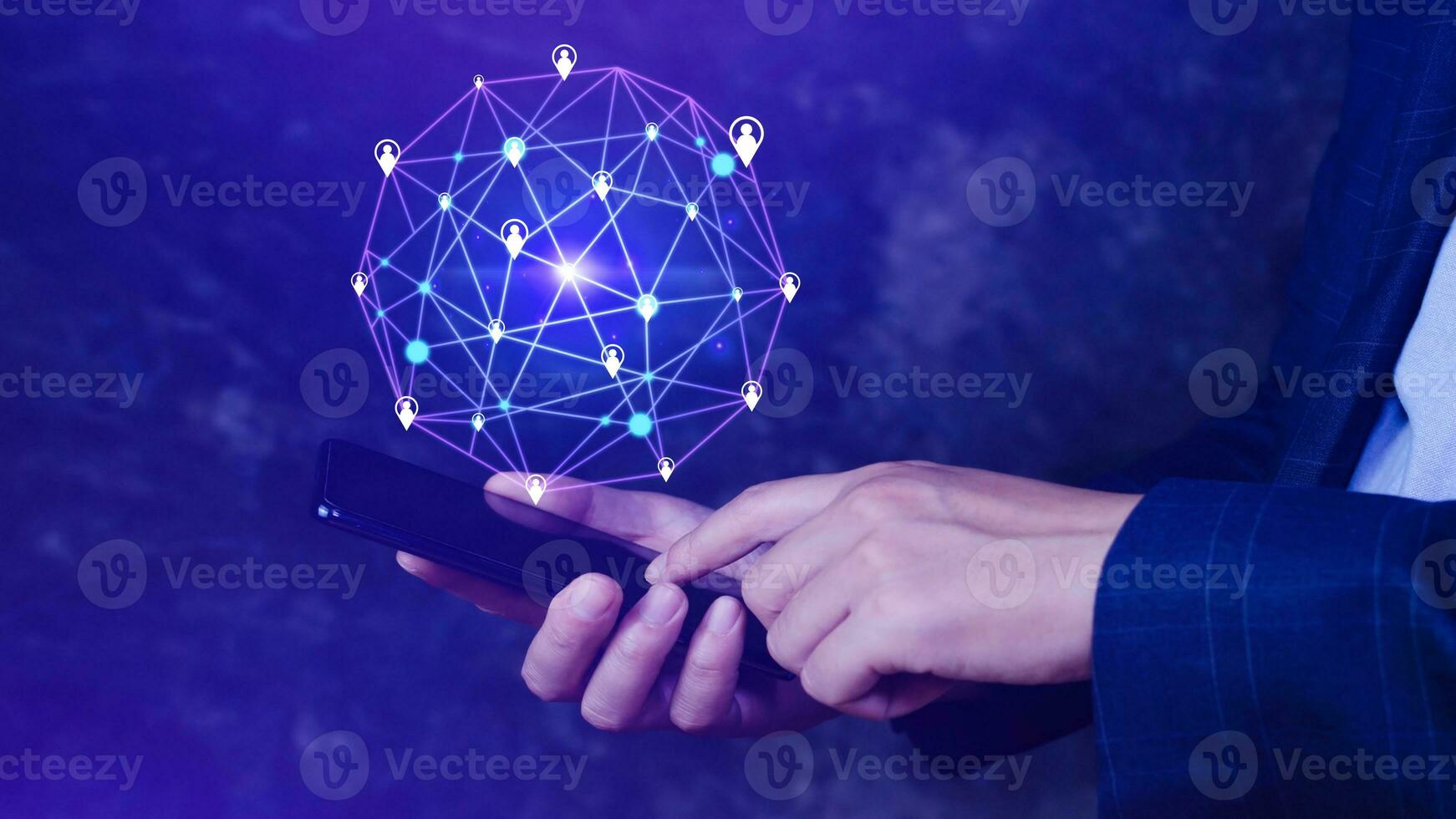 Businessman hand touching global infrastructure network smartphone on virtual screen working with client base online and customer connection data exchange. photo