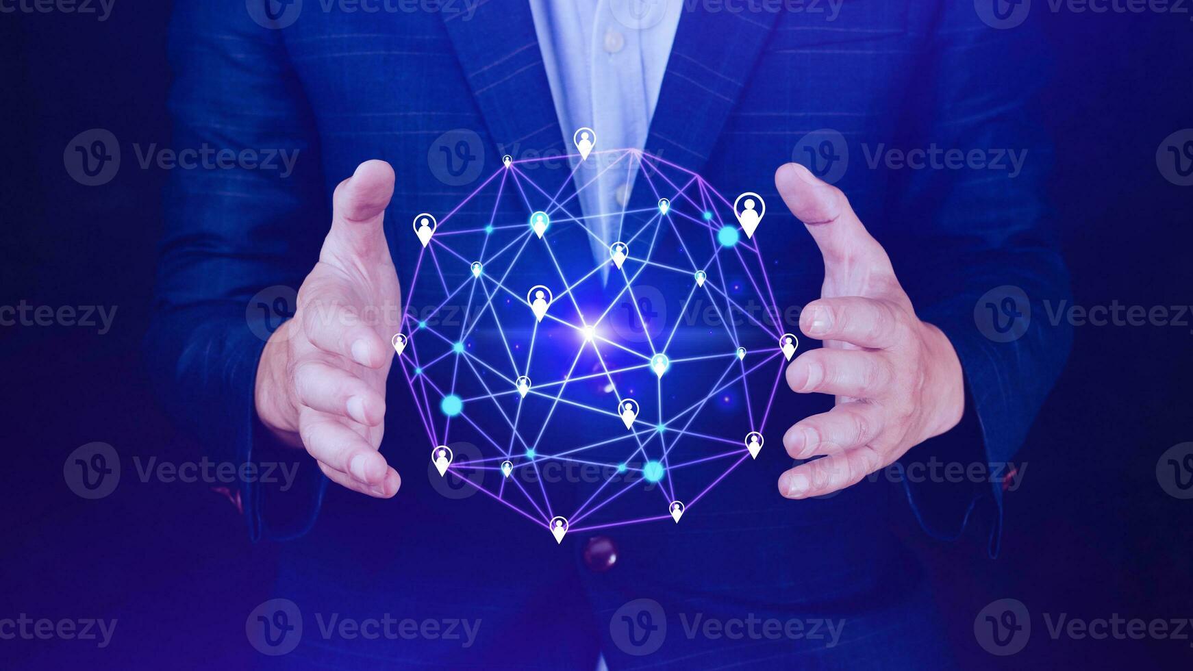 Businessman hand touching global infrastructure network on virtual screen working with client base online and customer connection data exchange. photo