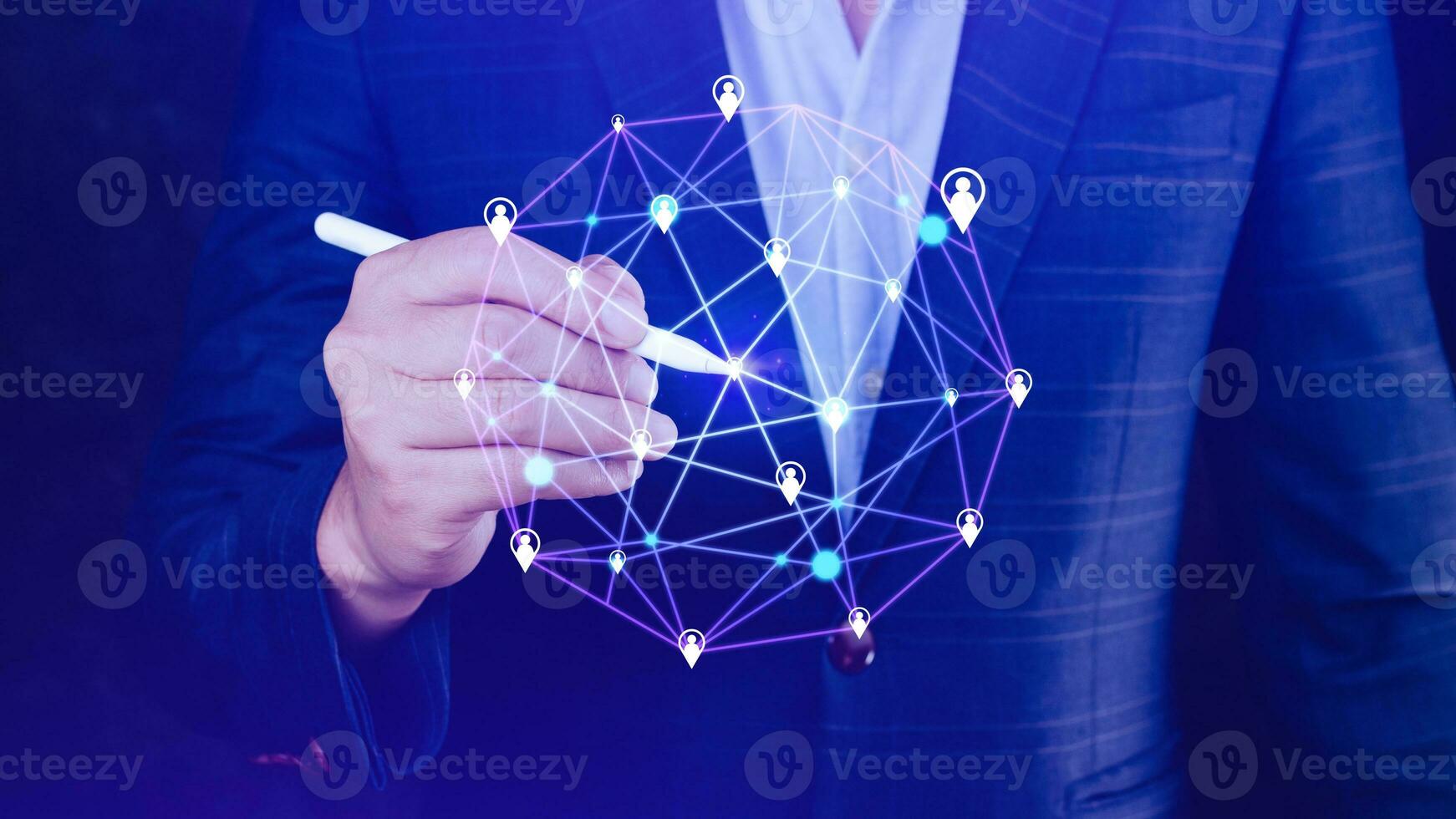 Businessman hand touching global infrastructure network on virtual screen working with client base online and customer connection data exchange. photo