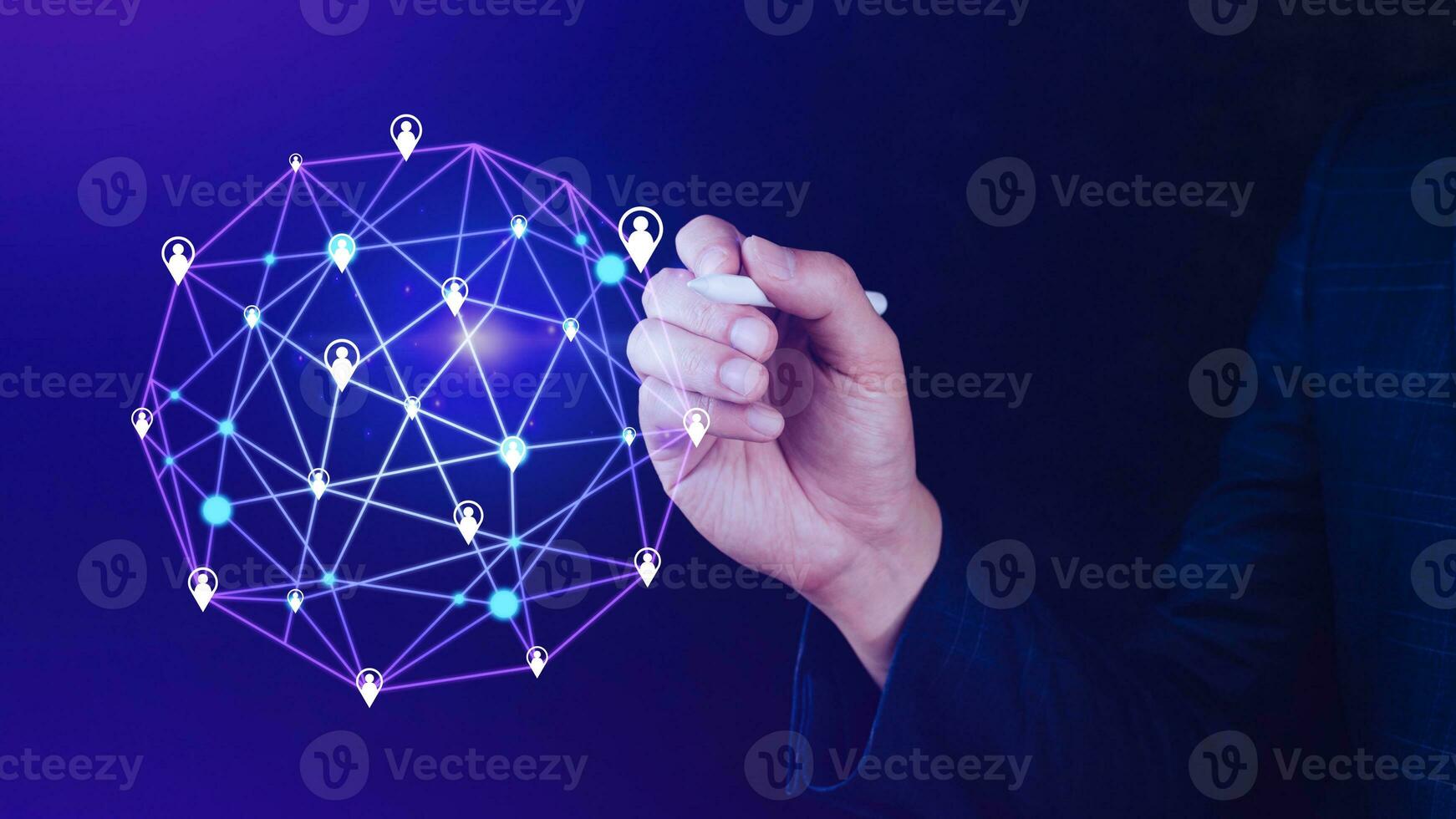 Businessman hand touching global infrastructure network on virtual screen working with client base online and customer connection data exchange. photo
