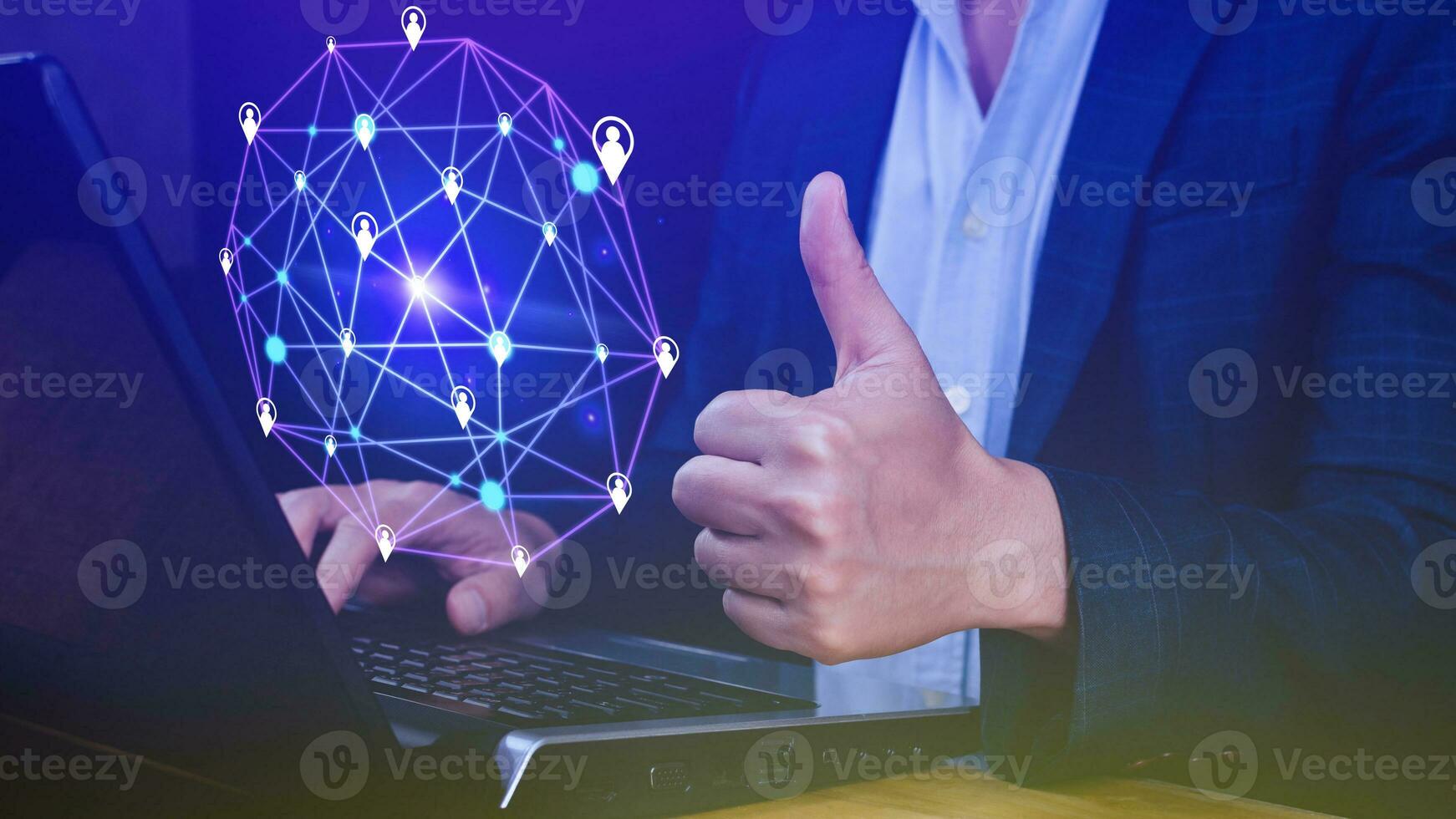 Businessman hand touching global infrastructure network on virtual screen working with client base online and customer connection data exchange. photo