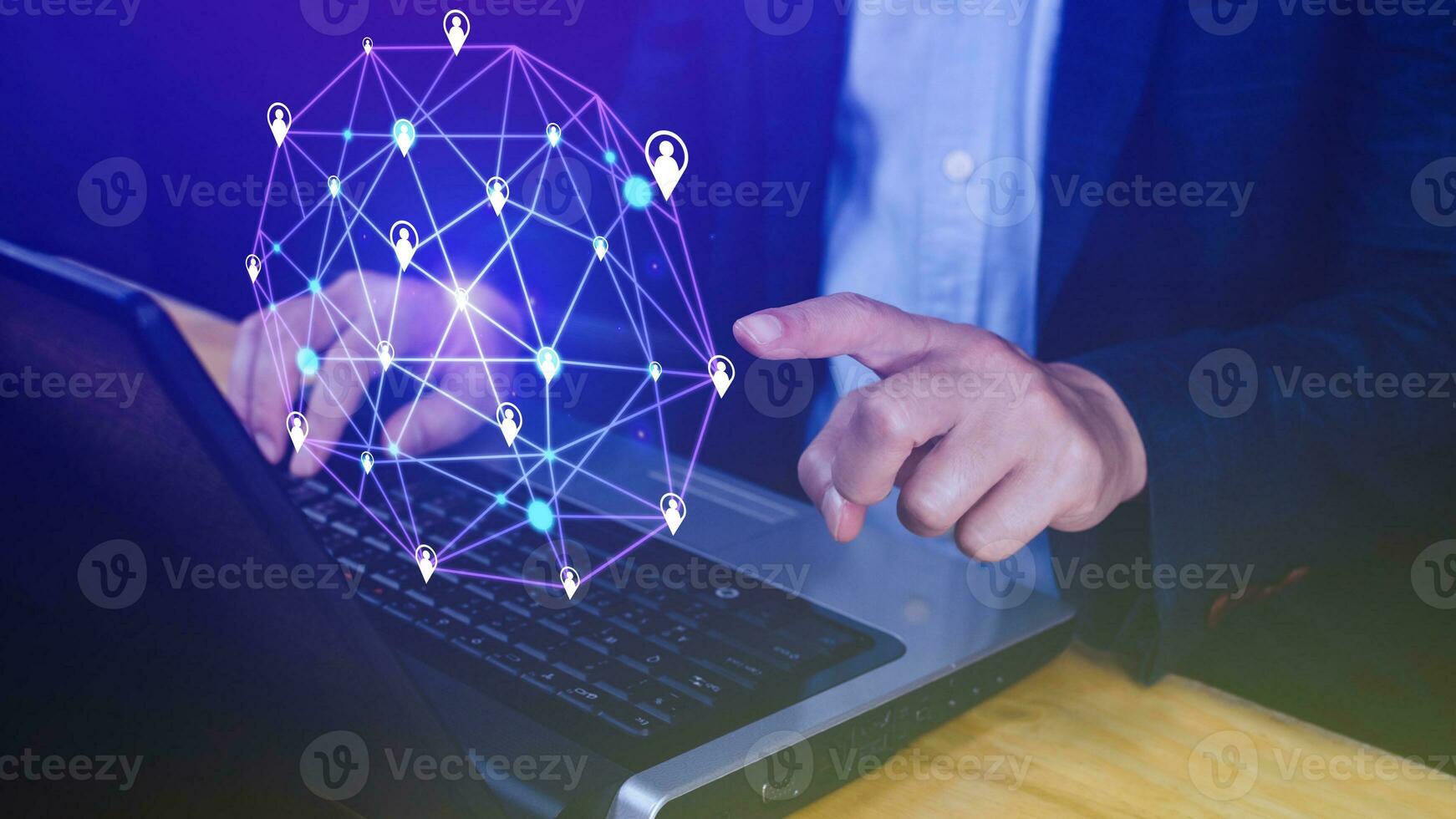 Businessman hand touching global infrastructure network on virtual screen working with client base online and customer connection data exchange. photo