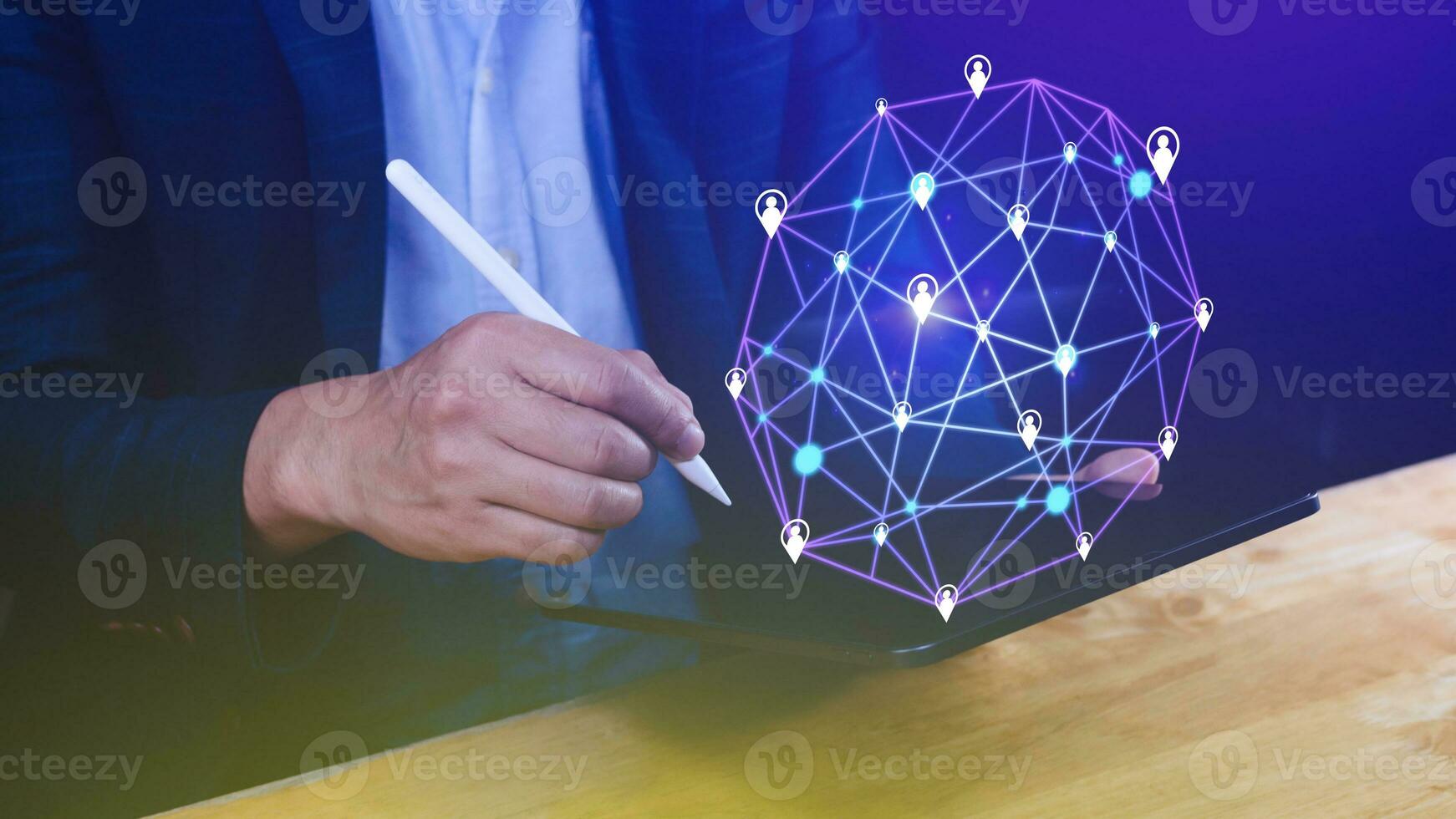 Businessman hand touching global infrastructure network on virtual screen working with client base online and customer connection data exchange. photo