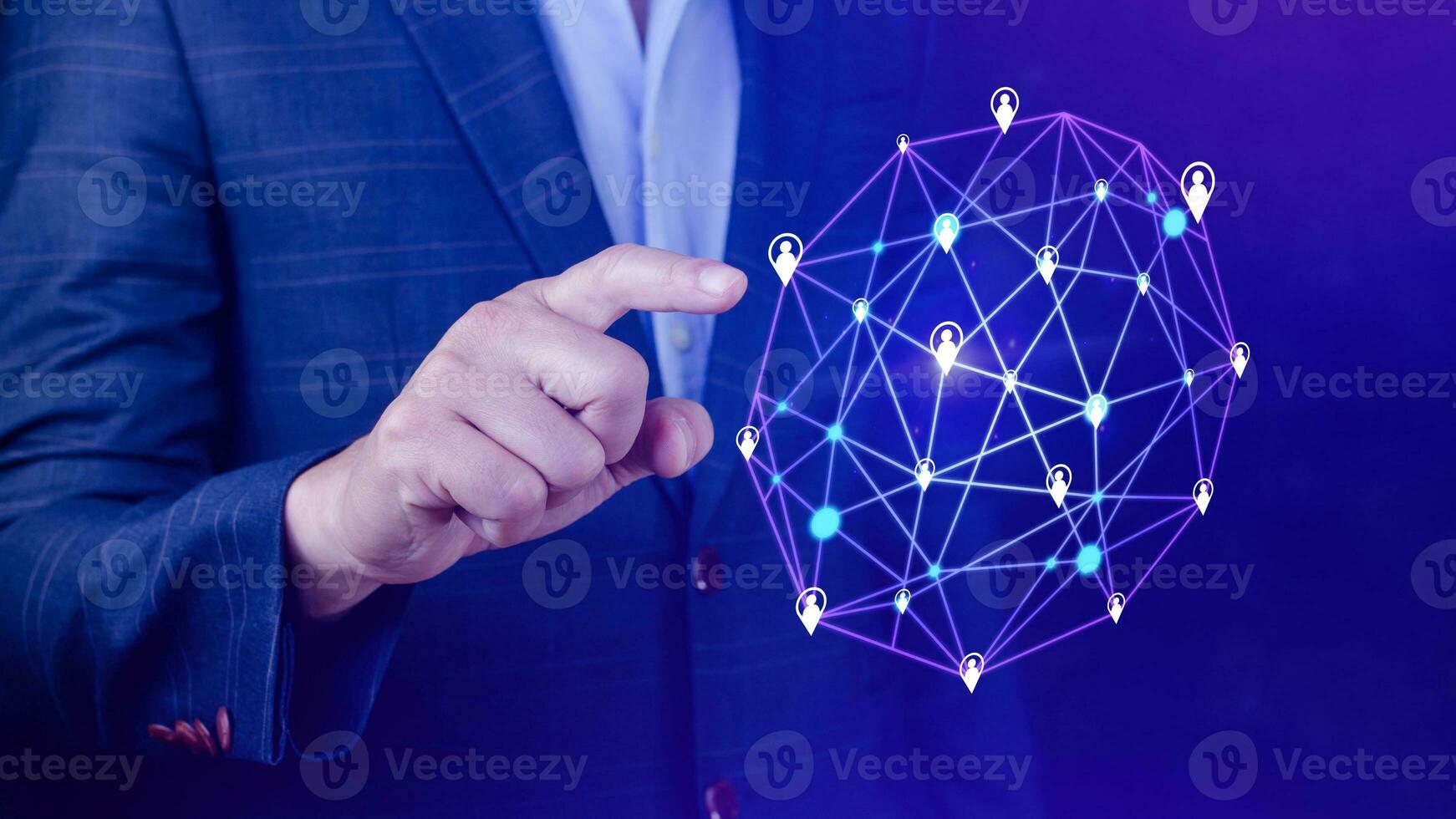 Businessman hand touching global infrastructure network on virtual screen working with client base online and customer connection data exchange. photo