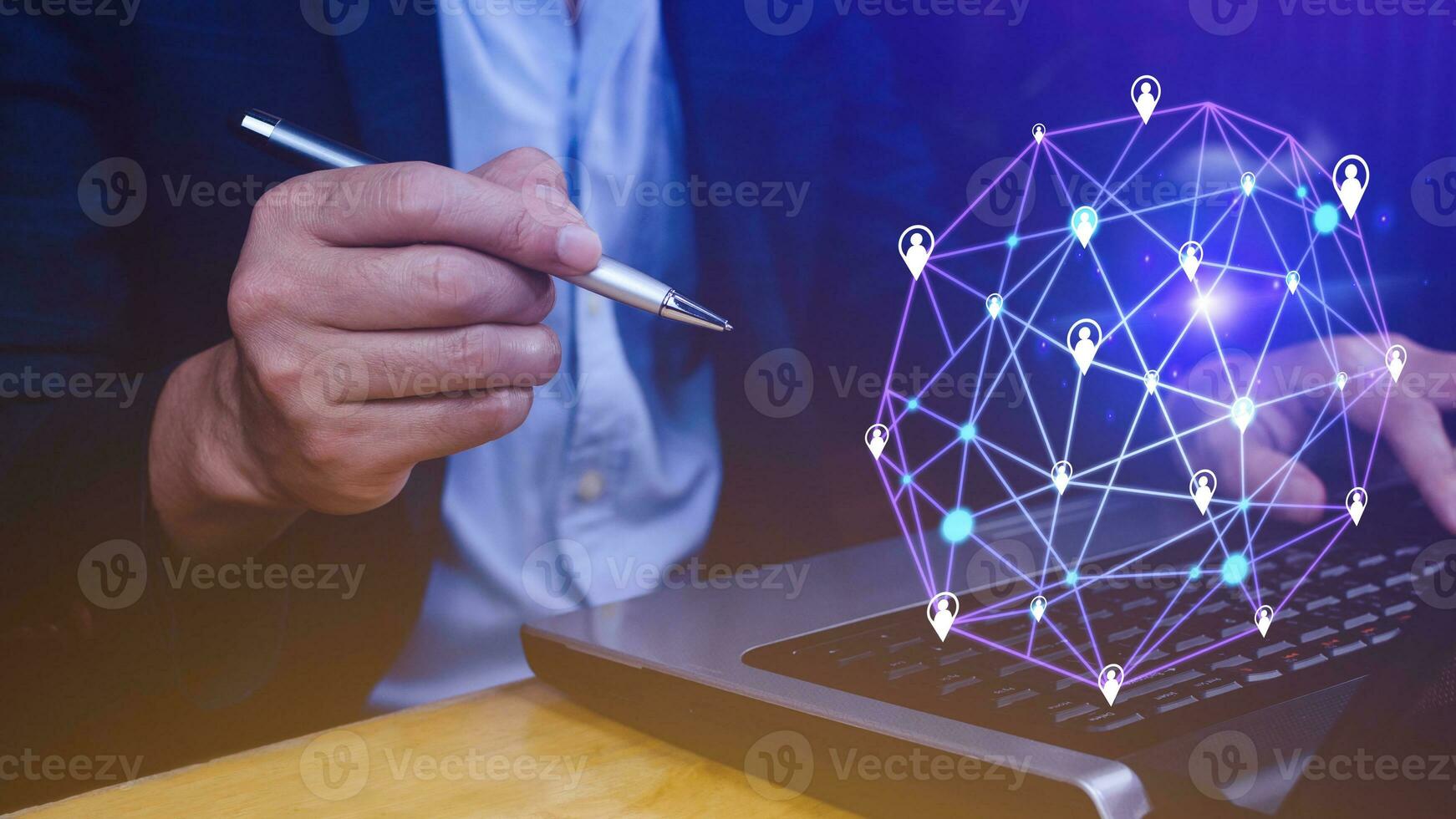 Businessman hand touching global infrastructure network on virtual screen working with client base online and customer connection data exchange. photo