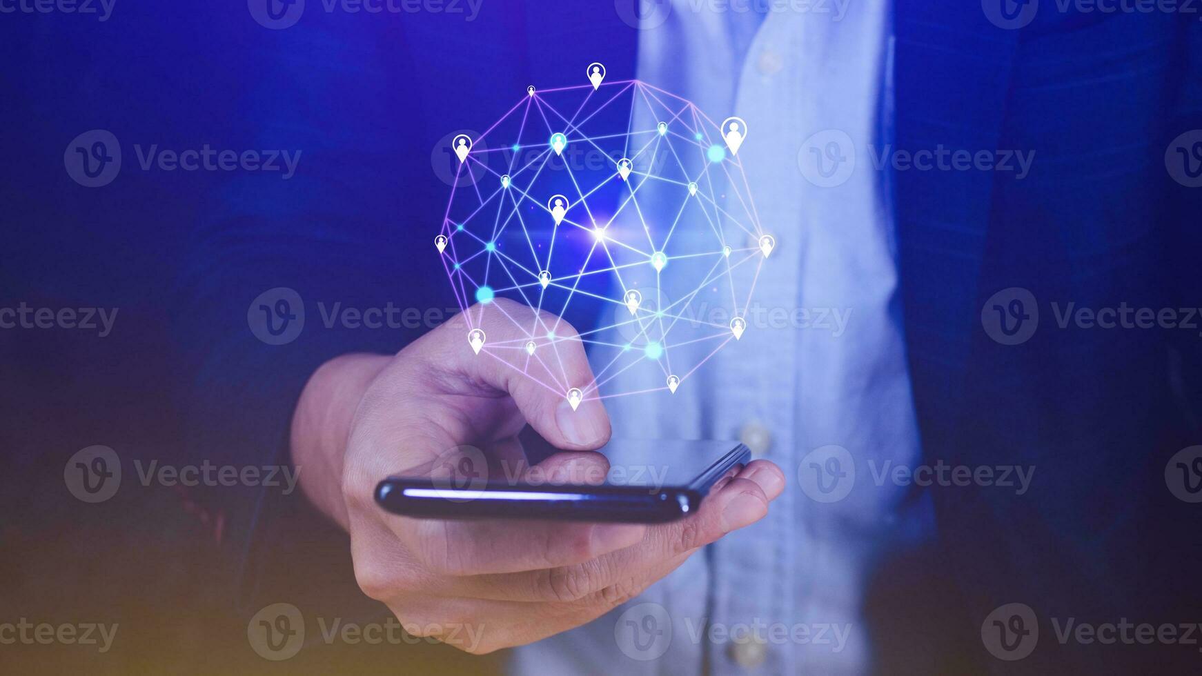 Businessman hand touching global infrastructure network smartphone on virtual screen working with client base online and customer connection data exchange. photo