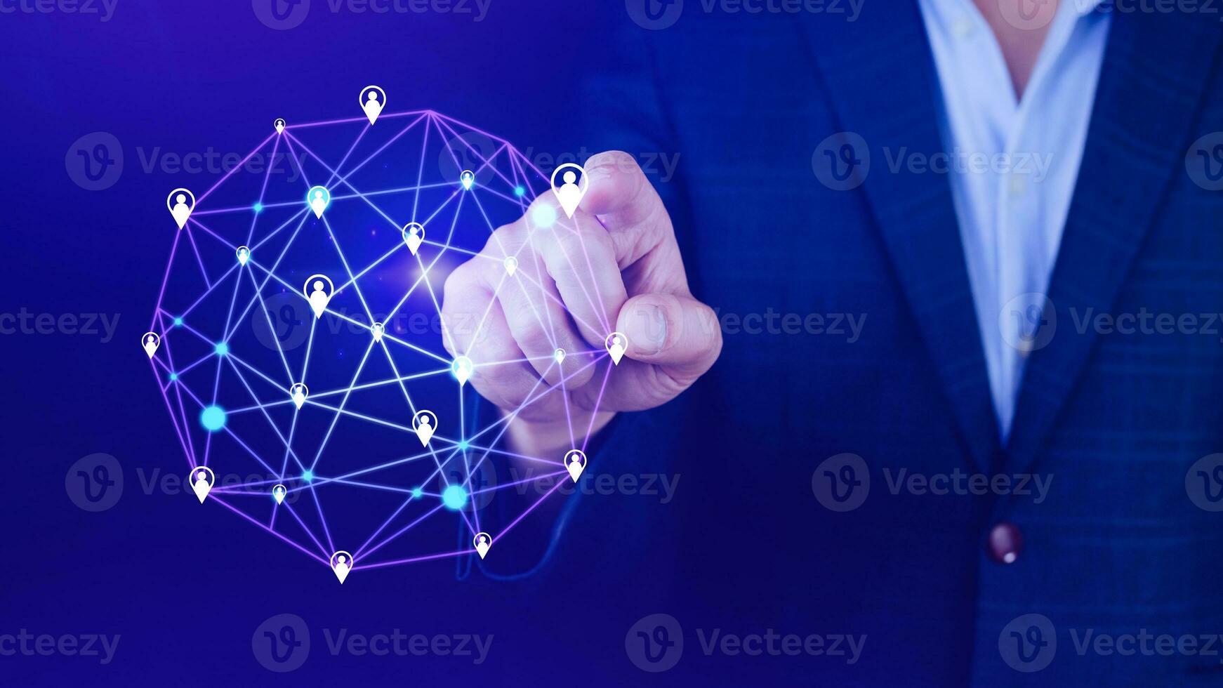Businessman hand touching global infrastructure network on virtual screen working with client base online and customer connection data exchange. photo