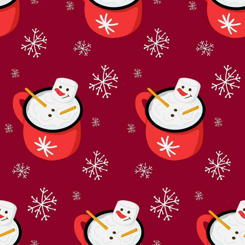 Winter hot chocolate and marshmallow snowman in a mug seamless pattern. Cute and funny childish design on dark red background. Ideal for decoration, wrapping paper, textile, wallpaper vector