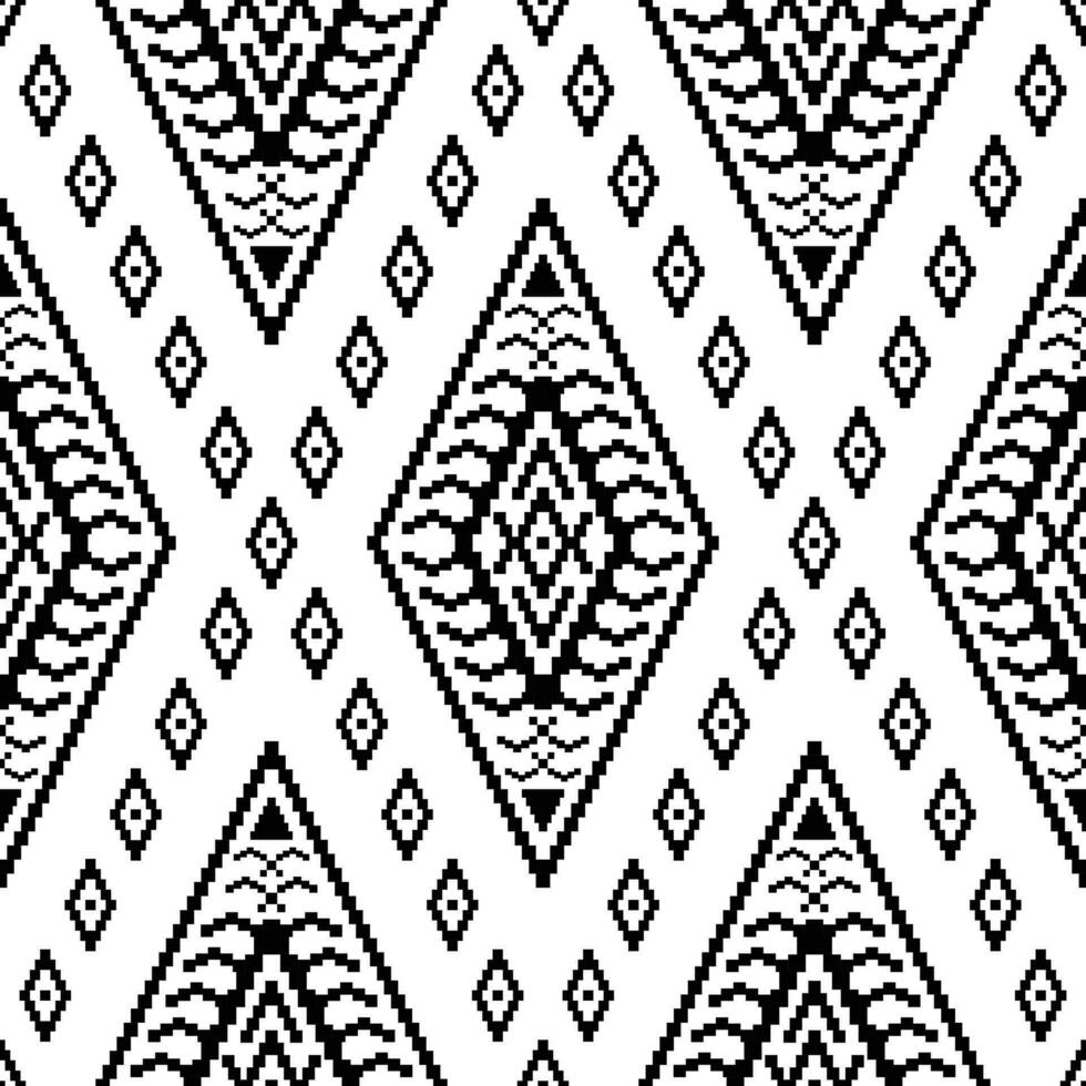 sin costura tribal geométrico repetir modelo. vector resumen píxel con étnico motivo. nativo americano Arte ilustración. negro y blanco. diseño para tela, textil, ornamento, imprimir, alfombra, boho, cubrir.