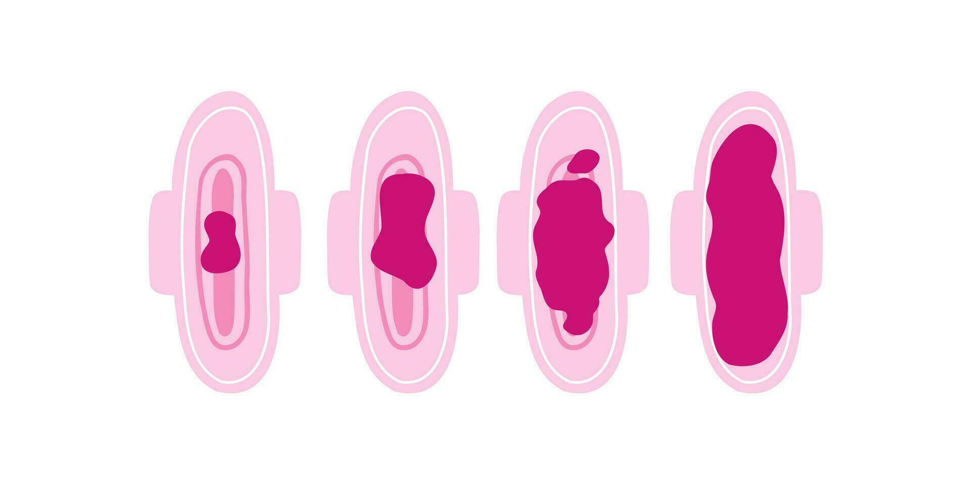 Feminine sanitary napkins with blood. Abundant and light menstruation. Volume and periodicity of the menstrual cycle icons. Vector illustration.