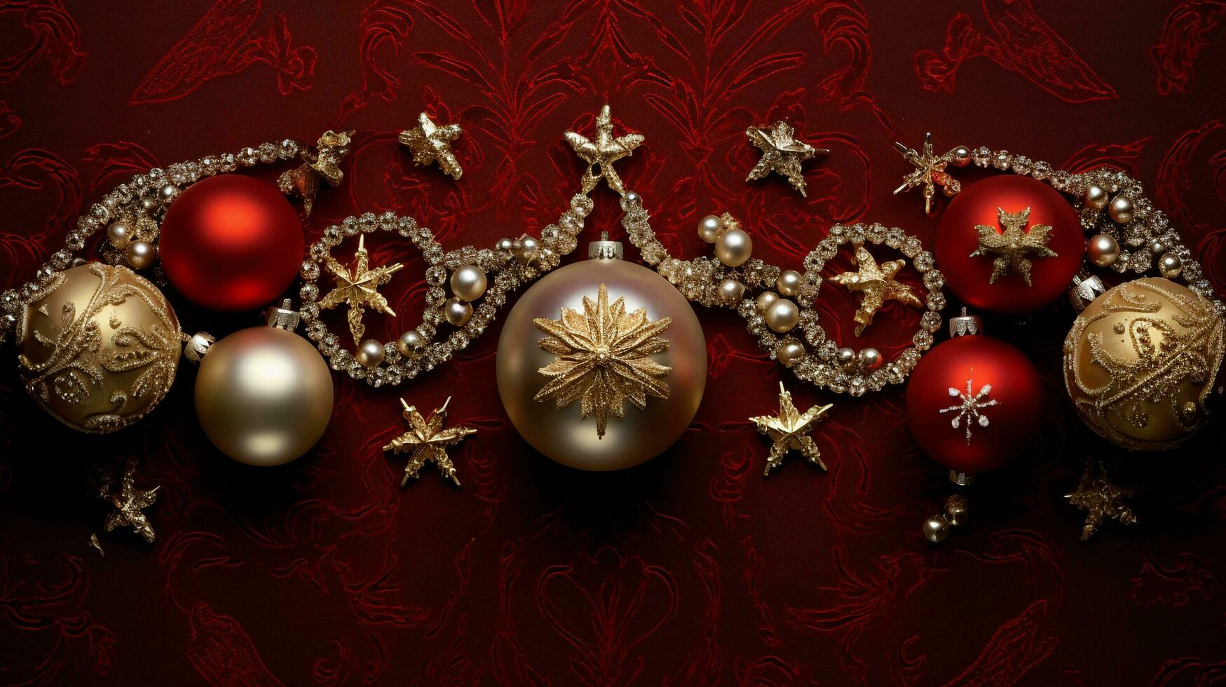 A top view of an elegant arrangement of Christmas ornaments, including gleaming gold stars and intricately designed Christmas ball baubles, AI generated photo