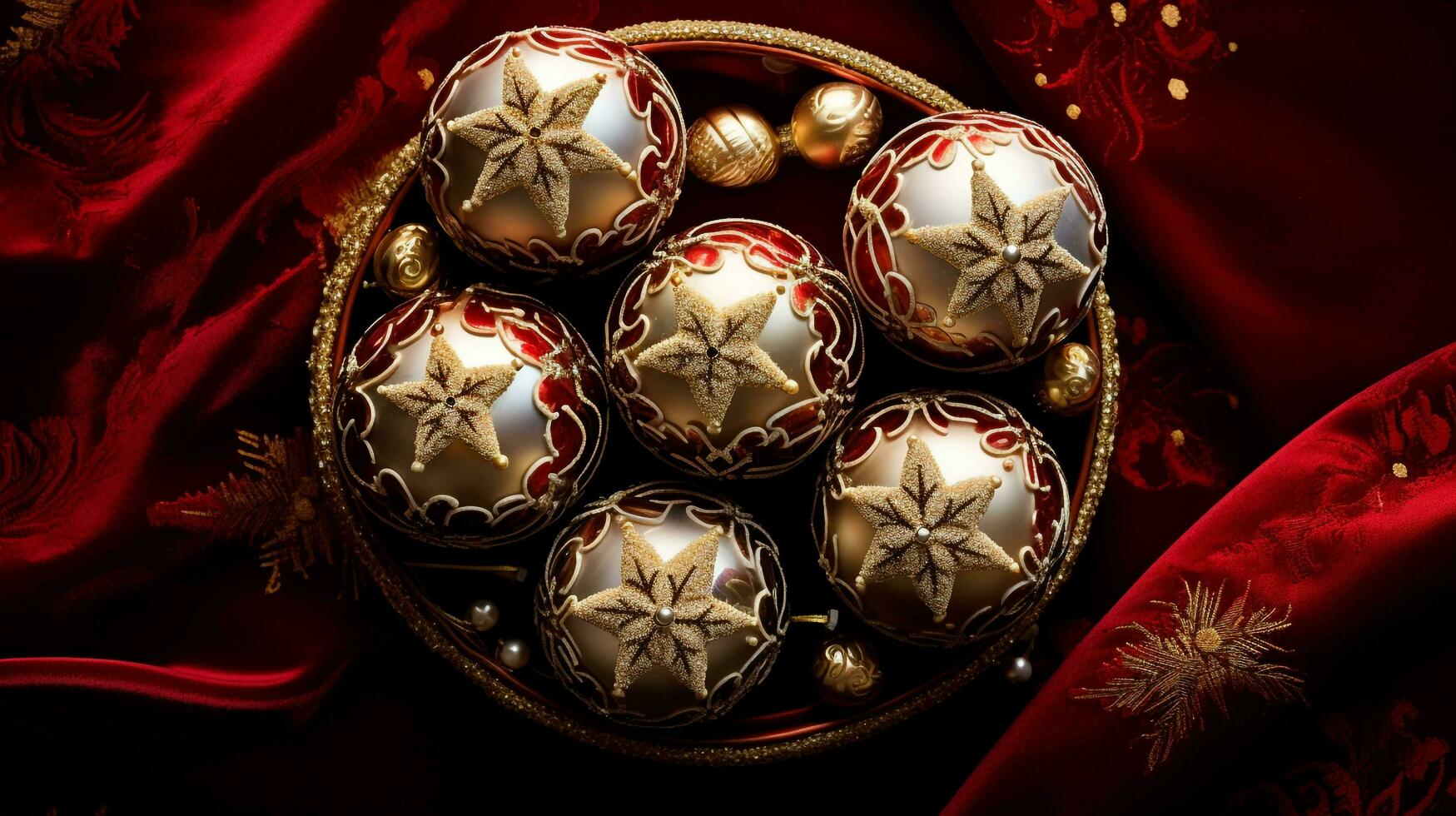 Red Christmas balls red background, AI generated photo