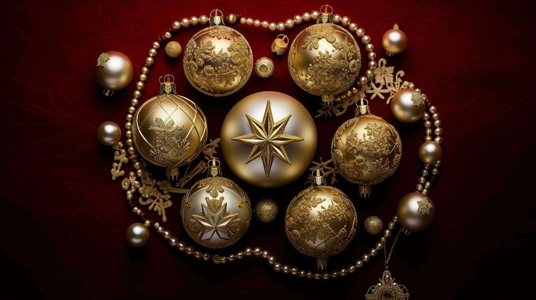 Golden ball Christmas ornaments, including gleaming gold stars and intricately designed Christmas ball baubles, AI-generated photo