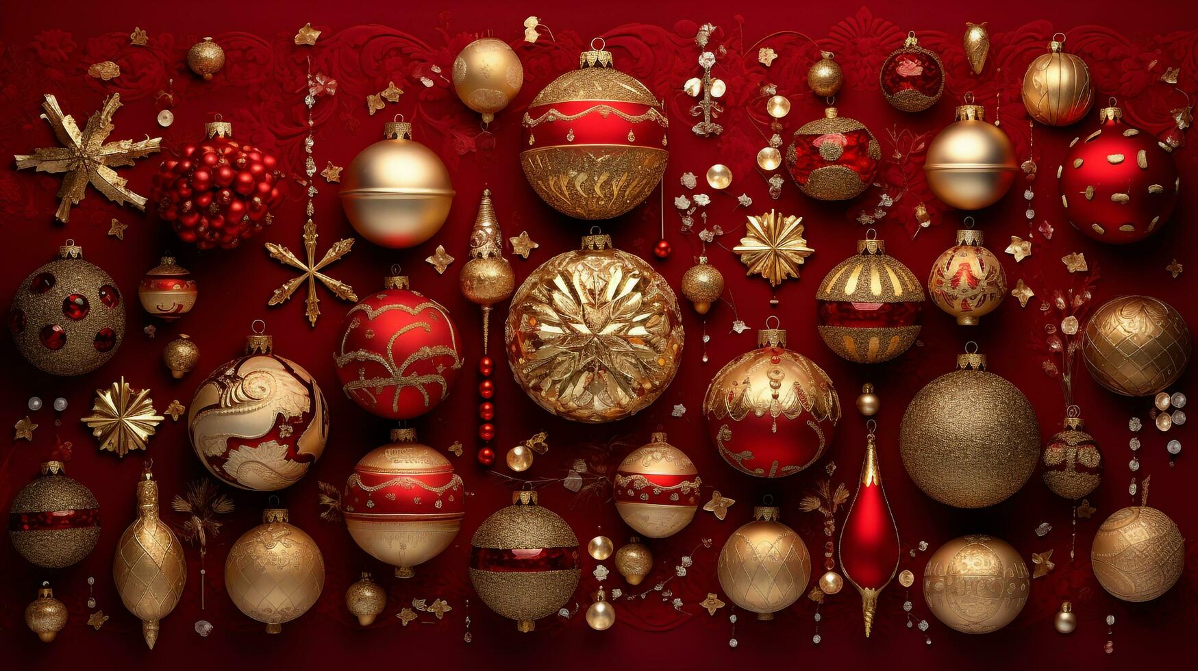 rojo Navidad adornos, incluso reluciente oro estrellas y un florido Navidad pelota, ai generado foto