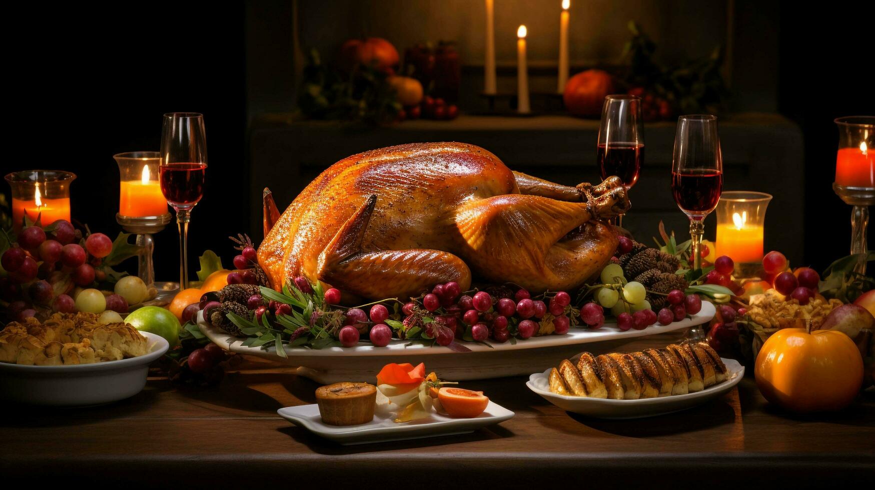 Thanksgiving background, capturing the warmth and coziness of a Thanksgiving dinner table set with a roasted turkey as the centerpiece, AI generated photo