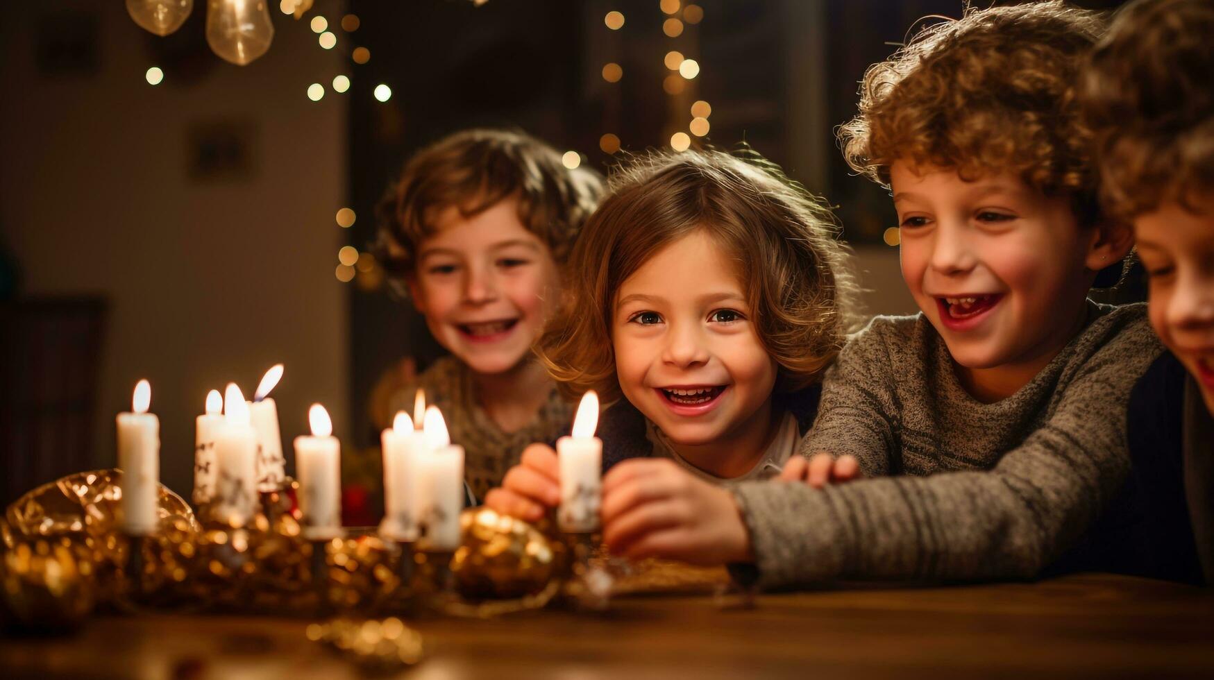 A warm and cozy Hanukkah celebration at home, a beautifully lit menorah with glowing candles, children playing dreidel, AI generated photo