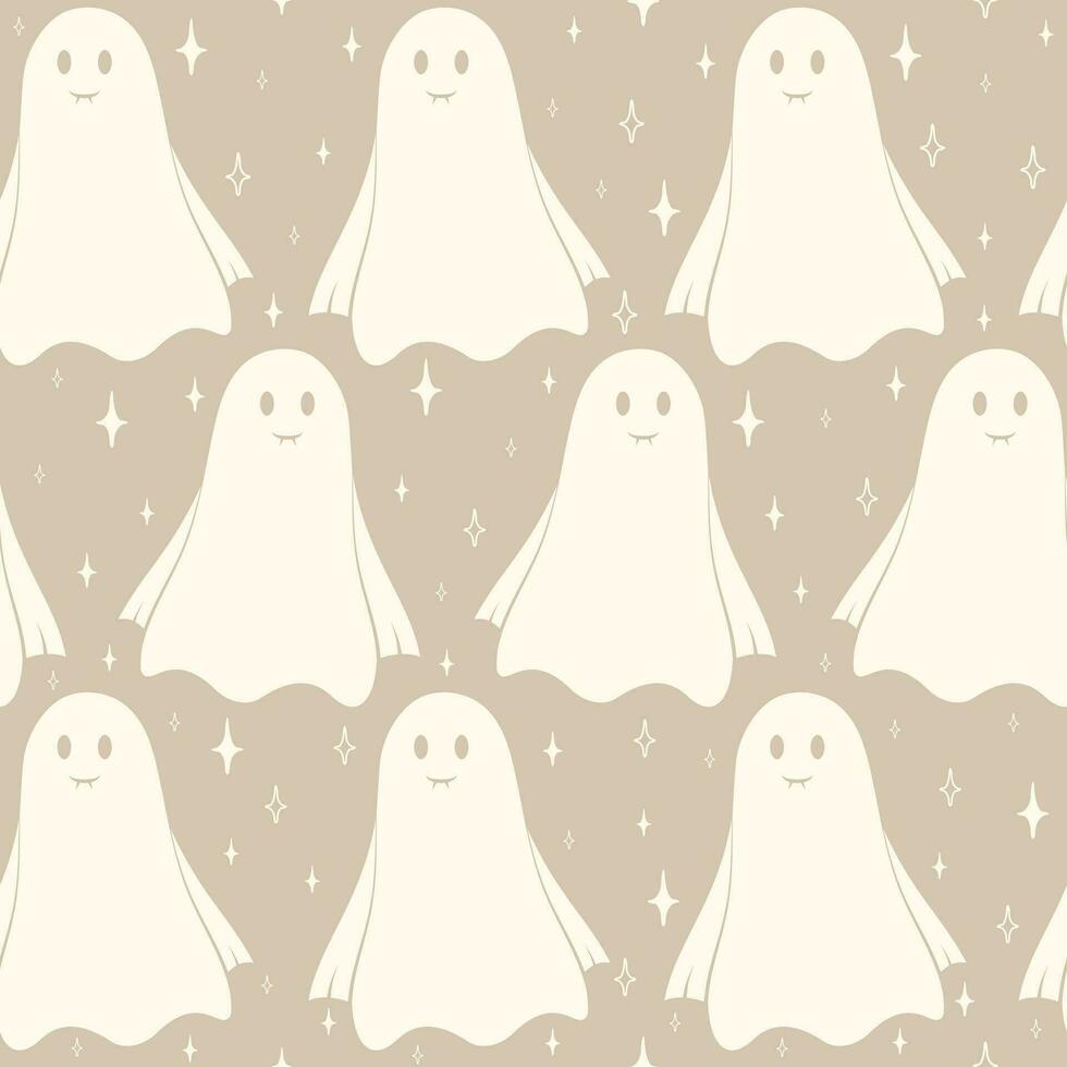 Doodle cute flying ghost Haloween beige seamless pattern. Background with simple spooky characters vector