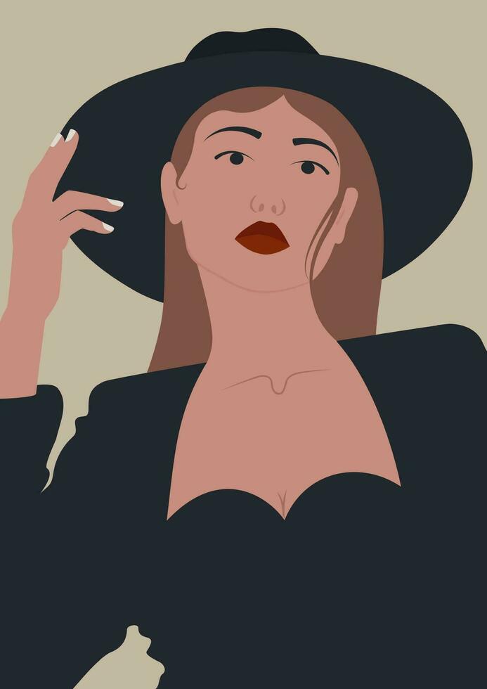 Modern wall art aesthetic poster with young woman in hat. Boho woman in black dress. vector