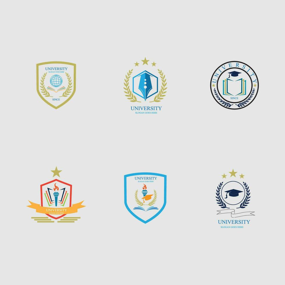 University and academy vector icons. Emblems or shields set for high school education graduates in maritime science, or law. Ribbons and badges of bachelor hat, laurel wreath, Vector Logo Template