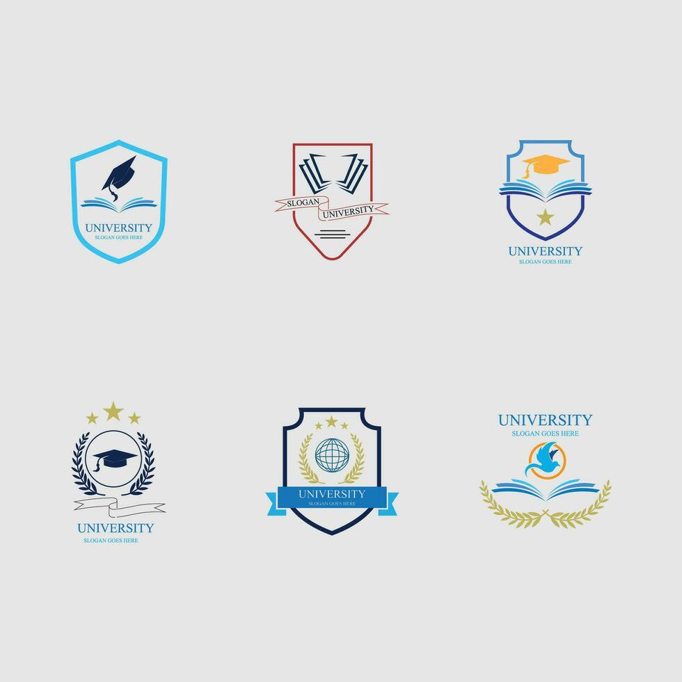 University and academy vector icons. Emblems or shields set for high school education graduates in maritime science, or law. Ribbons and badges of bachelor hat, laurel wreath, Vector Logo Template