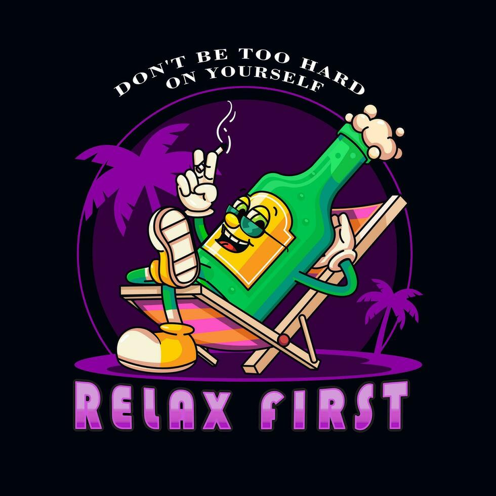 Beer bottle cartoon mascot sits and relaxes.  Suitable for logos, mascots, t-shirts, stickers and posters vector
