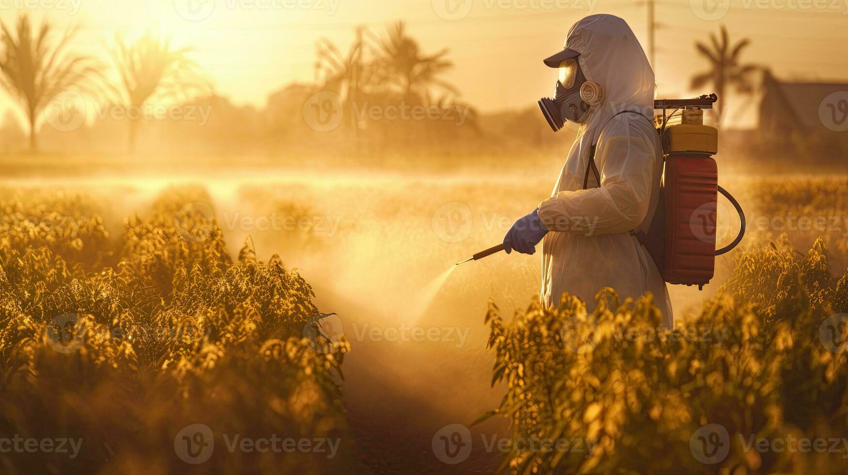 un hombre vestir protector ropa fumigando campo con pesticida o insecticida. generativo ai foto