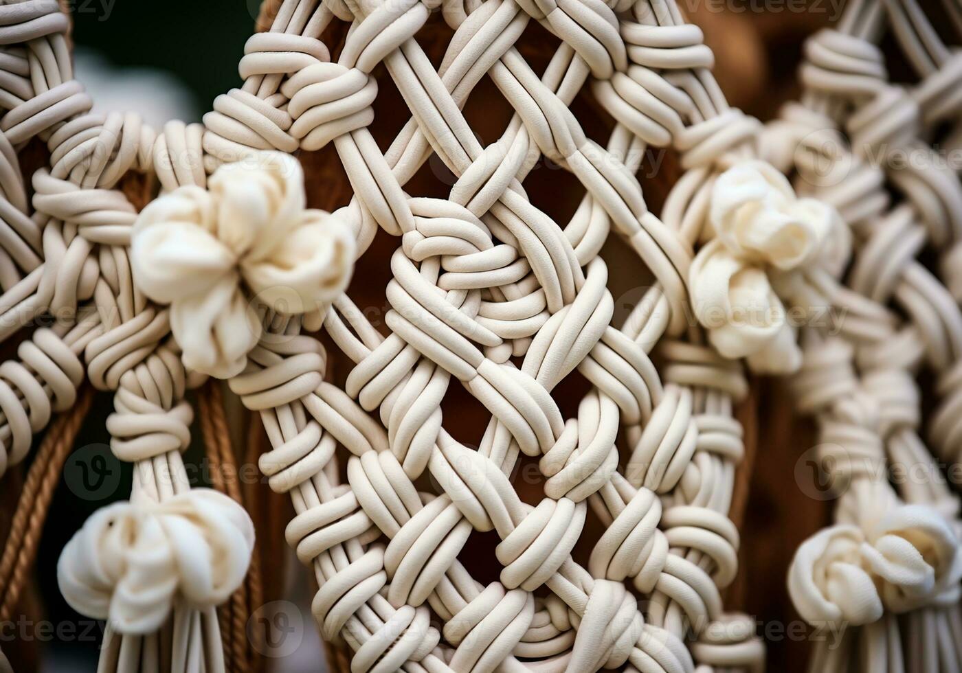 de cerca de macramé, manual Costura técnica utilizando nudos telar manual. tradicional artesanía. hecho a mano. ai generativo foto