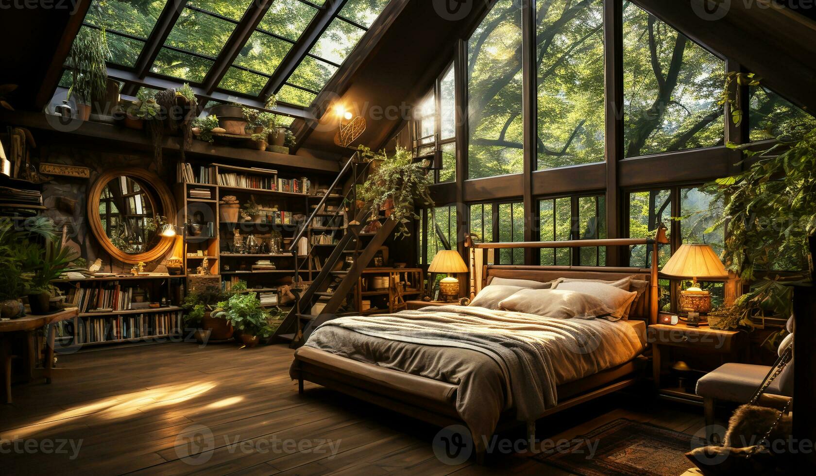 Interior of a bedroom in a rustic wooden cabin. AI Generative photo