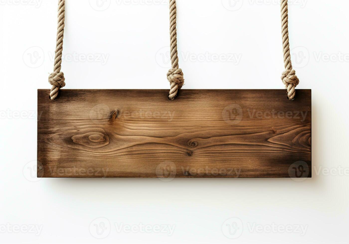 Wooden sign hanging on rope on white background. Free space for text. AI Generative photo