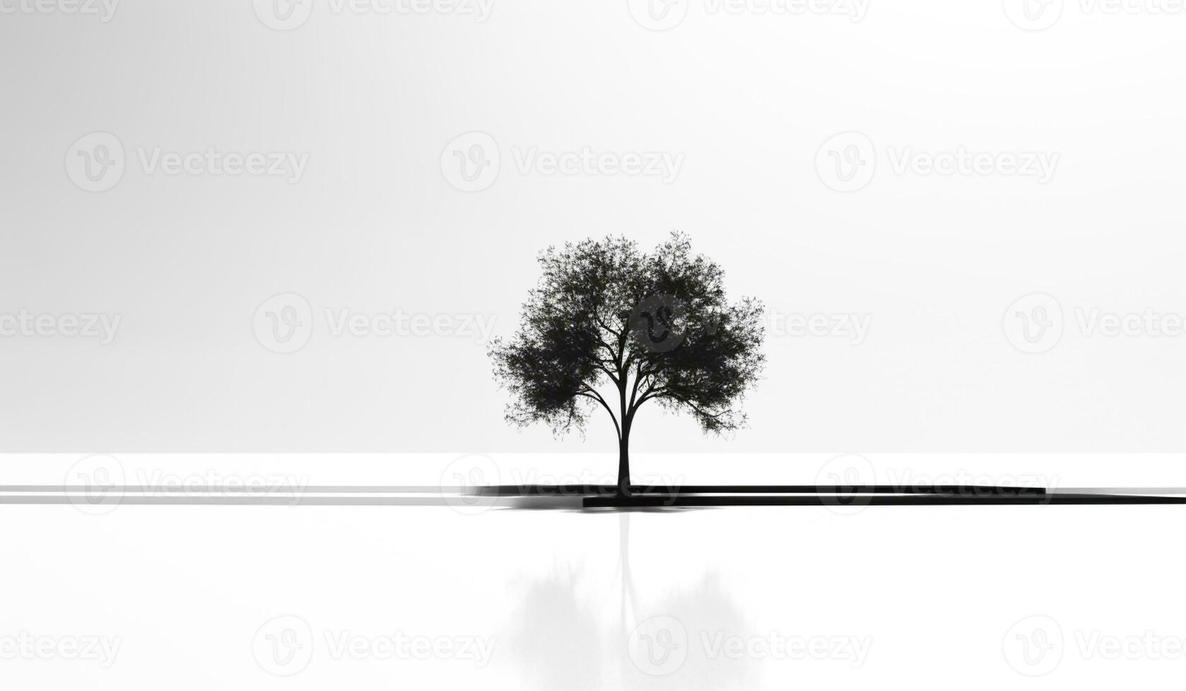 Black and white abstract background with an isolated tree and its shadow. AI Generative photo