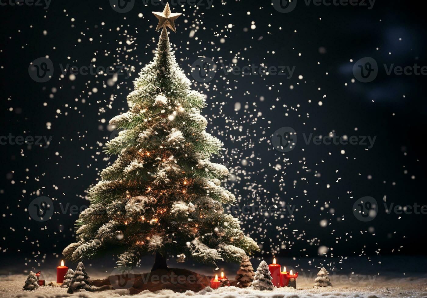 Christmas tree with snow isolated on dark background. AI Generative photo