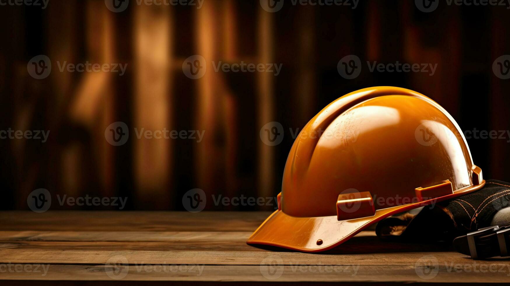 a Helmet of construction worker tools on brown wooden background with copy space, space for text design. Construction Banner. Generative Ai photo