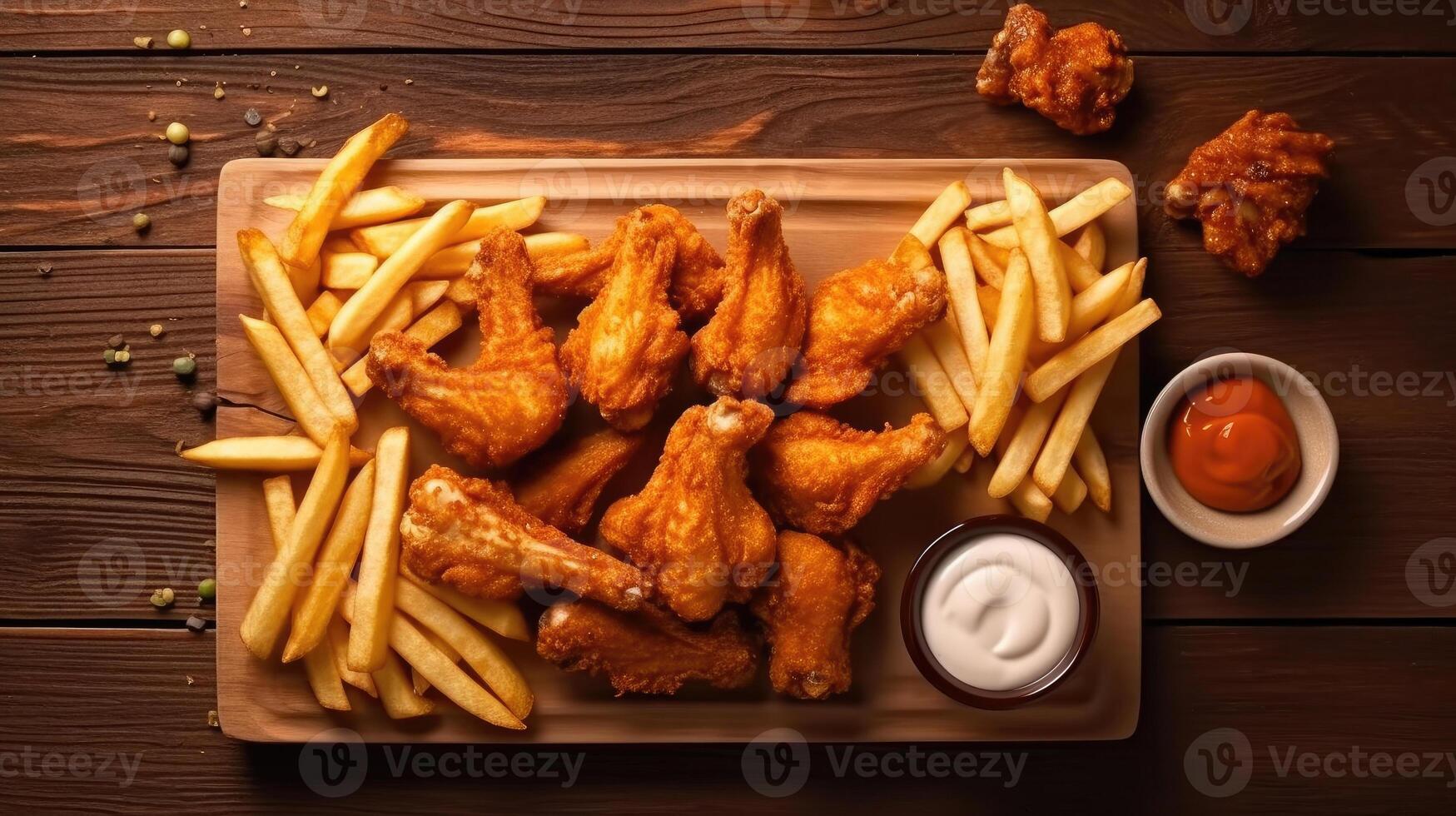 Top view of Fried in breaded chicken wings and french fries on wooden