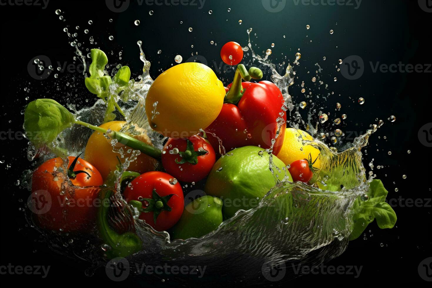 Wholesome Mix of Fresh Fruit Vegetables Ingredients with Water Splash, ai generated photo