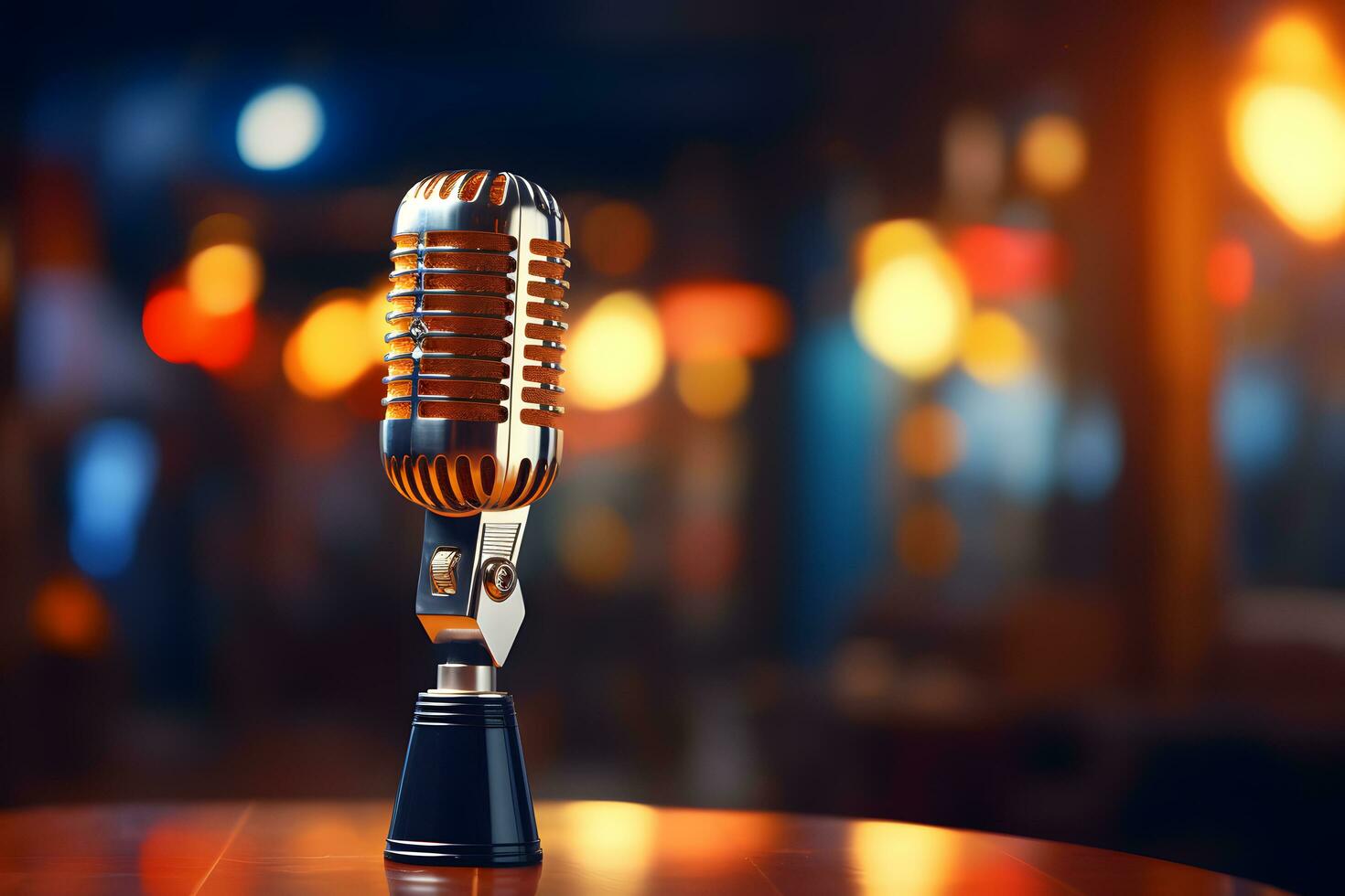 mesa micrófono con bokeh fondo para canto y podcasts, ai generado foto