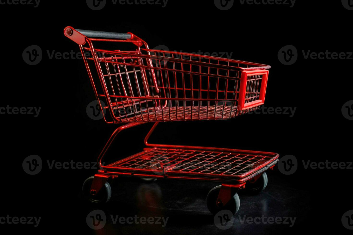 Red shopping cart on black background. Black Friday and Cyber Monday concept. AI generated. photo