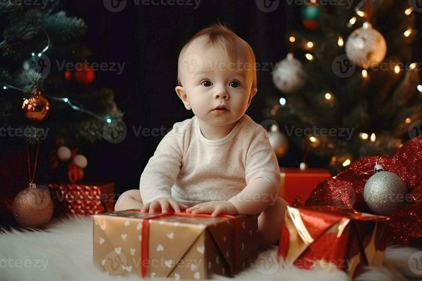 Cute baby in a red Santa hat with gift box on Christmas tree background. AI generated photo