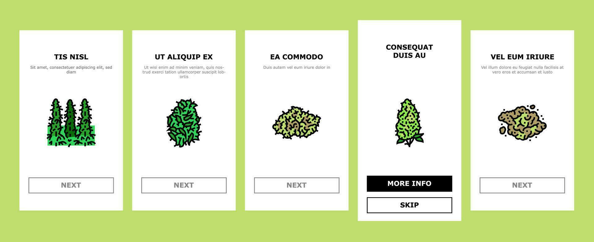 cannabis plant leaf weed hemp onboarding icons set vector