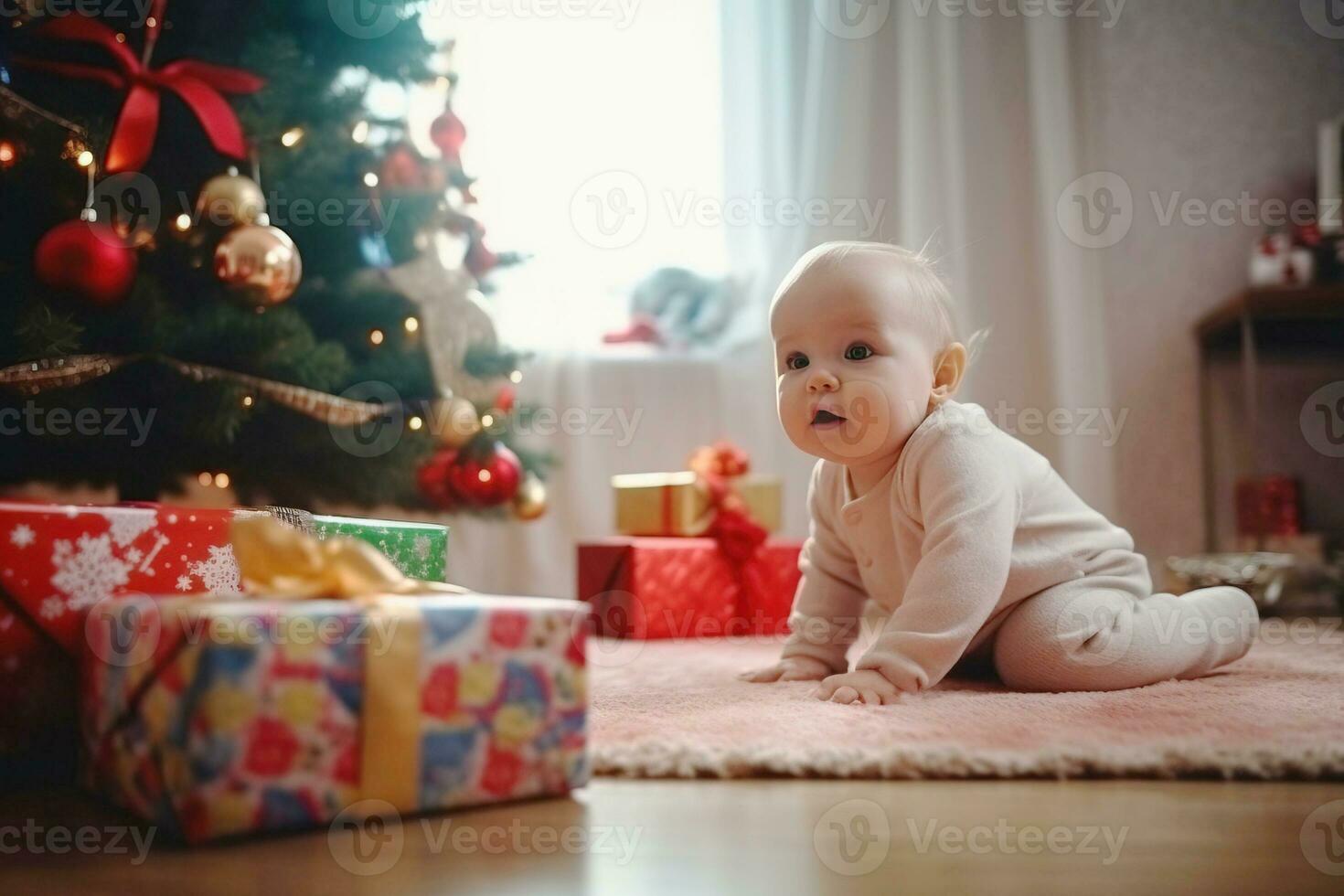 Cute baby in a red Santa hat with gift box on Christmas tree background. AI generated photo