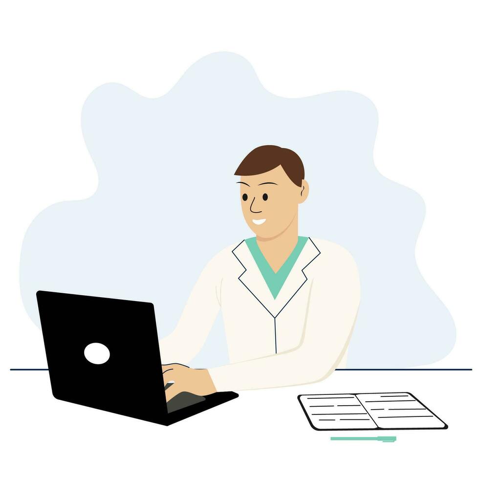 Male doctor working on laptop. Consultation with a therapist online banner concept vector