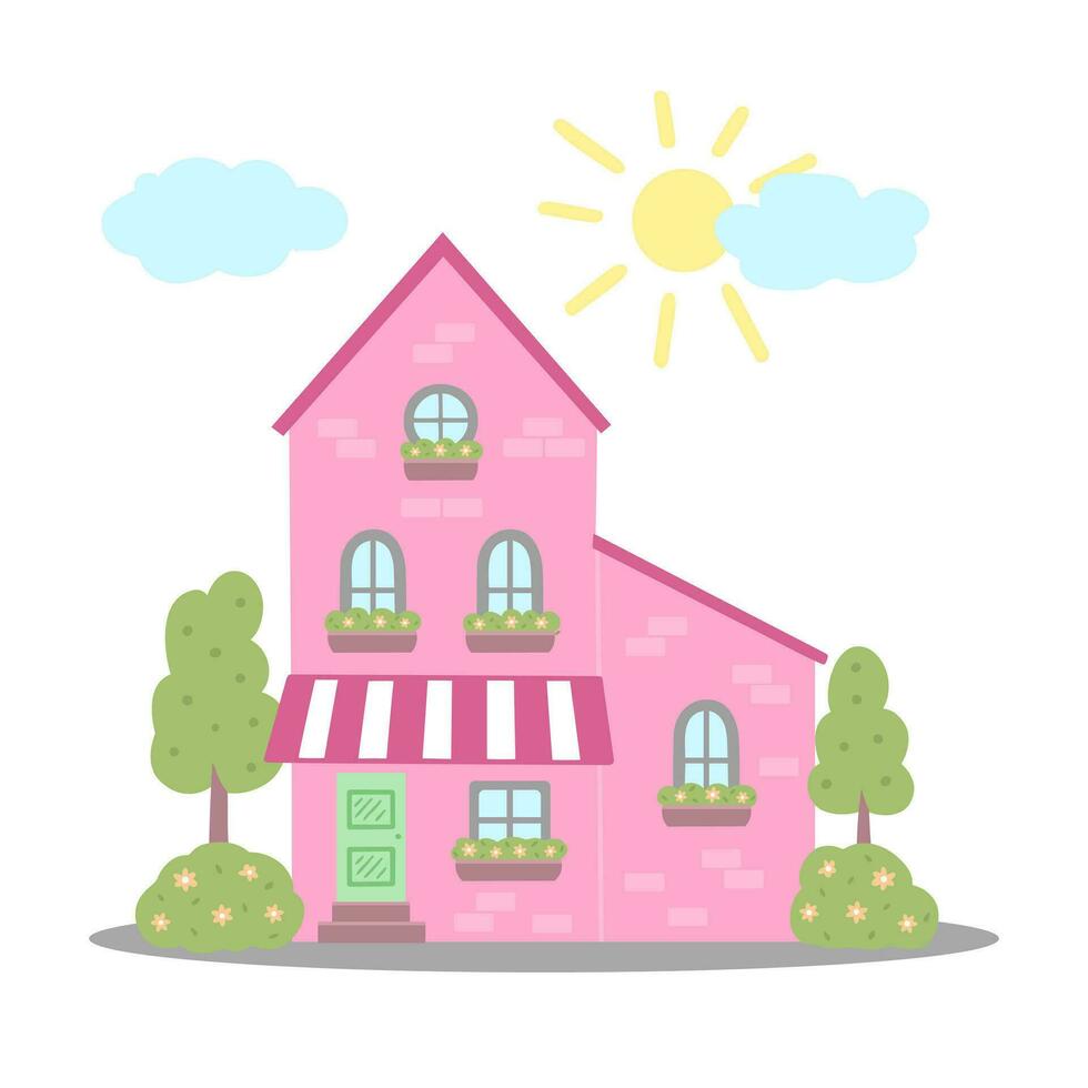 pink house, building. Illustration for printing, backgrounds, covers and packaging. Image can be used for greeting cards, posters, stickers and textile. Isolated on white background. vector