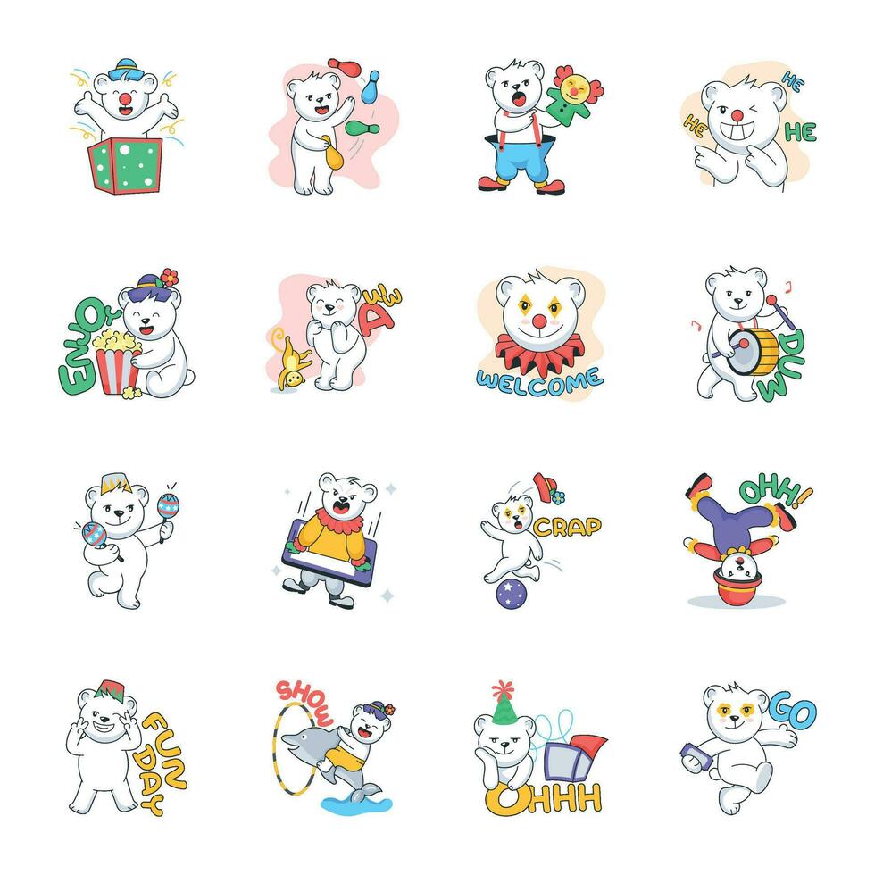 Cute Collection of Circus Teddy Doodle Stickers vector