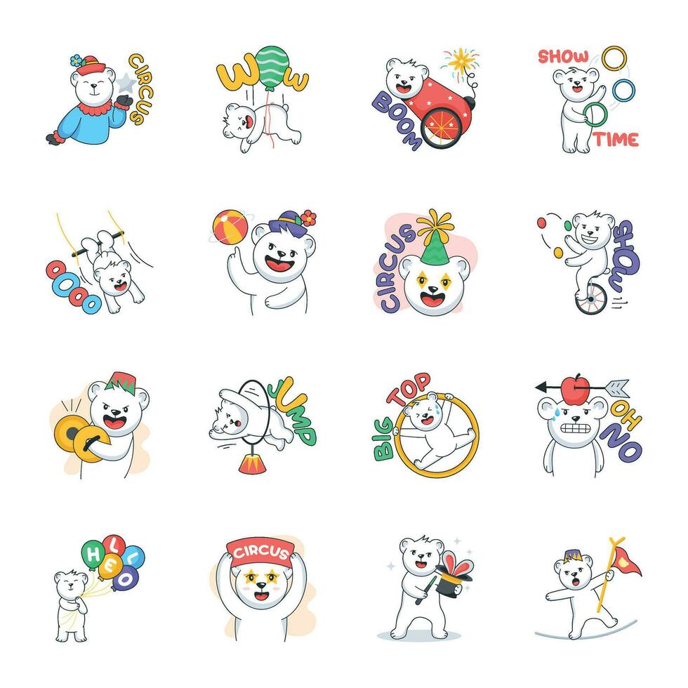 Set of Circus Bear Doodle Stickers vector